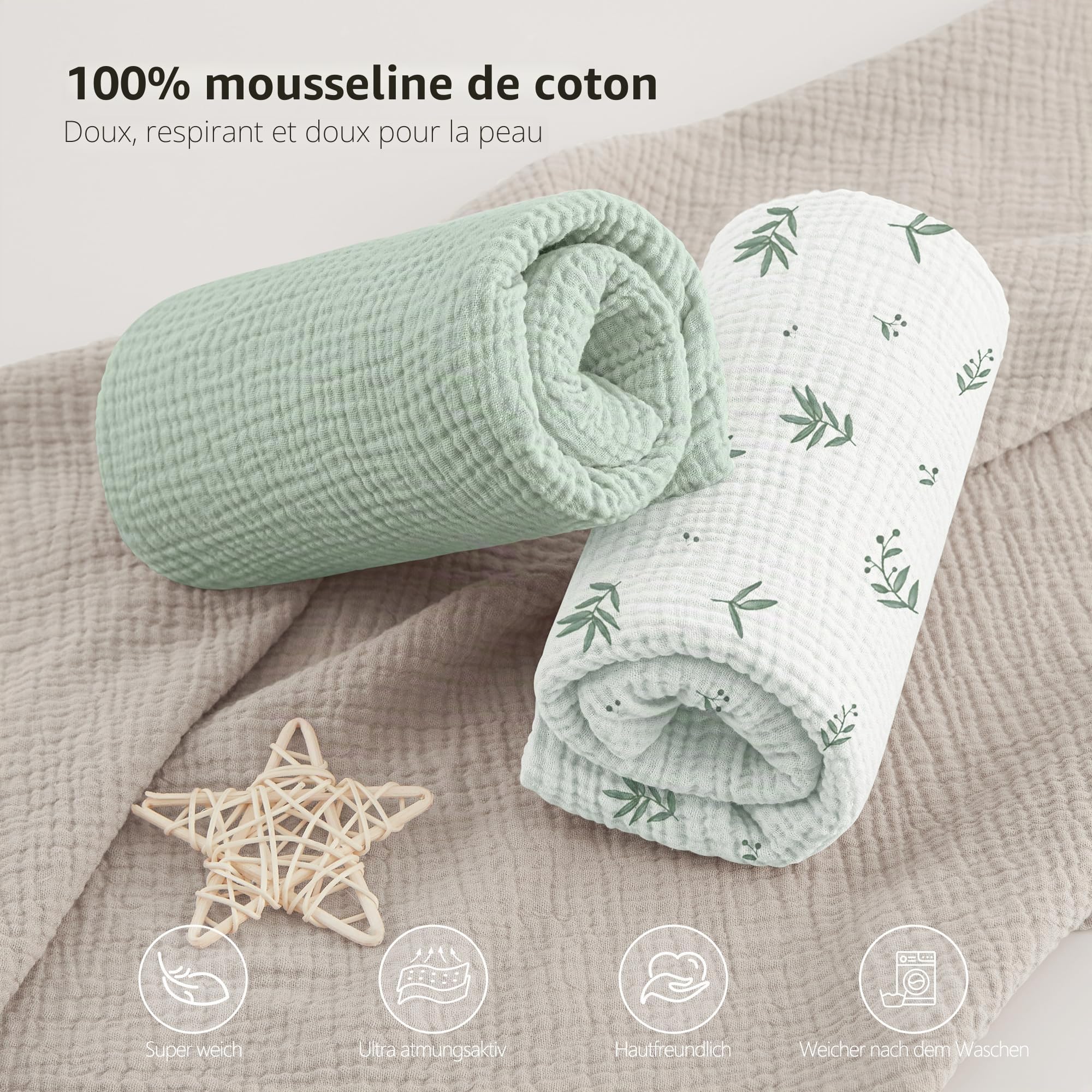 bearmoss Lot de 2 draps-Housses en Mousseline de Coton pour Enfant 60 x 120 cm / 70 x 140 cm 100% Coton pour lit de Voyage, lit d'appoint (Blanc, 70x140cm)