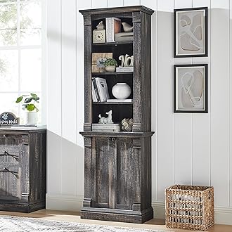 OKD Farmhouse Storage Bookcase，72" Tall Bookcase with 4-Tier Open Adjustable Shelves，Wooden Freestanding Bookshelf Storage Organizer for Home Office, Living Room，2 Doors，Dark Rustic Oak