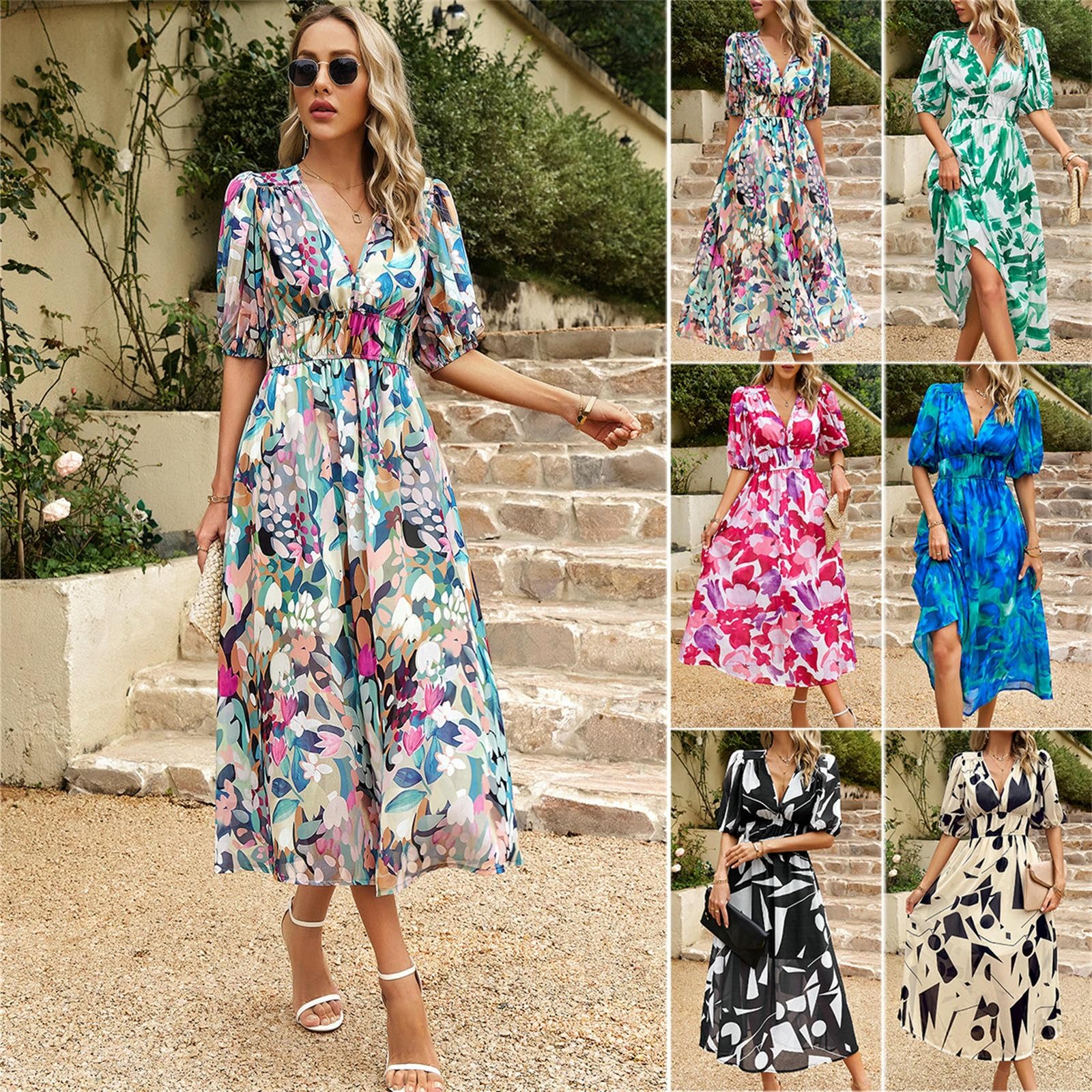 Vestito Donna Donne Floral A-Line Swing Casual Maxi Dress Veste per Maniche Corte A Corte-Rosso-l
