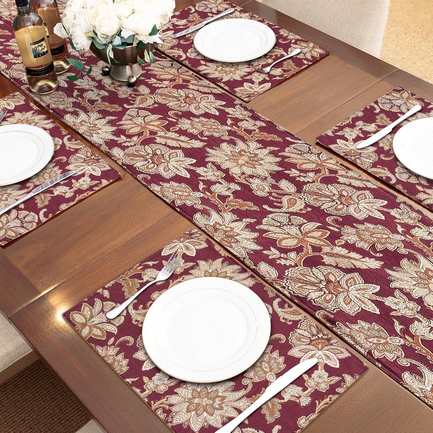 Loom and Mill Vintage Jacquard Table Runner 72 inches Long, Elegant Floral Pattern Dining Table Runners with Tassels, Great for Table Setting Kitchen Dresser Party Holiday Decor(Burgundy, 13x72in)