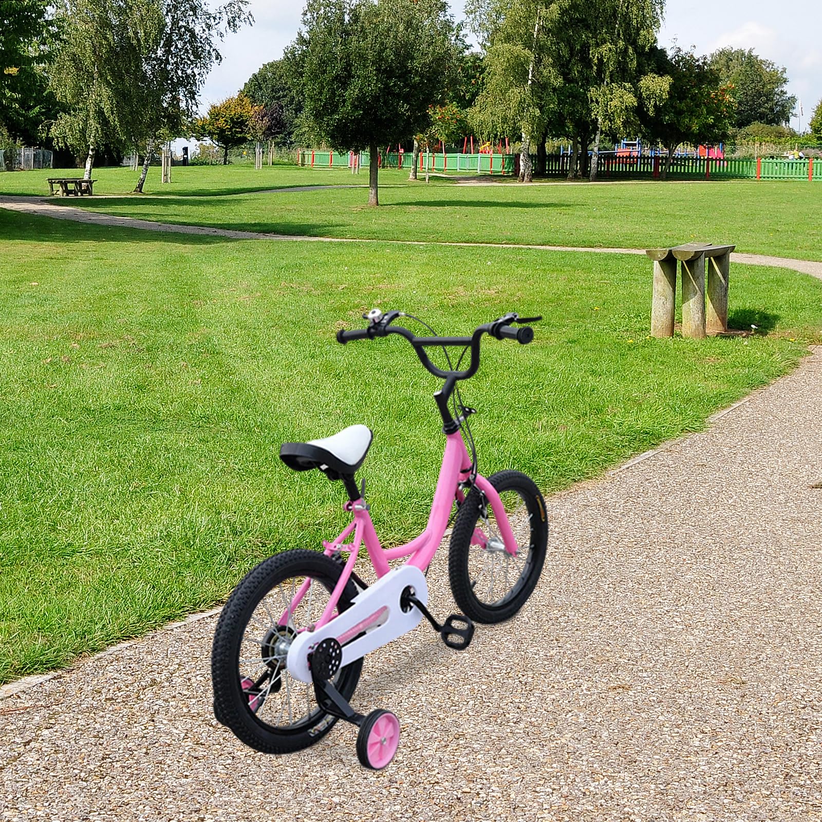 Vélo pour enfant de 16 pouces, en acier au carbone rose, réglable en hauteur, avec garde-boue, roues stabilisatrices amovibles, frein avant, frein arrière, pour garçons et filles de 4 à 8 ans