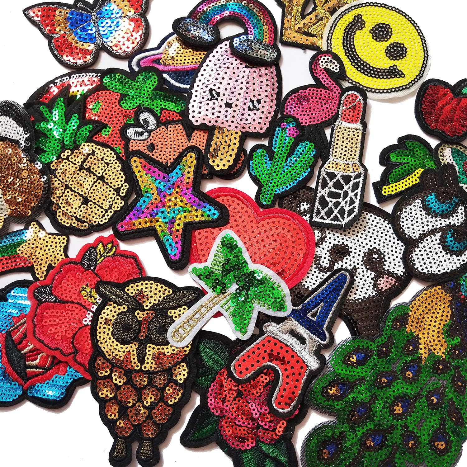 29pcs Assorted Sequins Sewing on/Iron on Embroidered Patches for Clothes Jackets Hats Backpacks Jeans; Rainbows Roses Hearts Butterfly Animals Fruits Stars & More