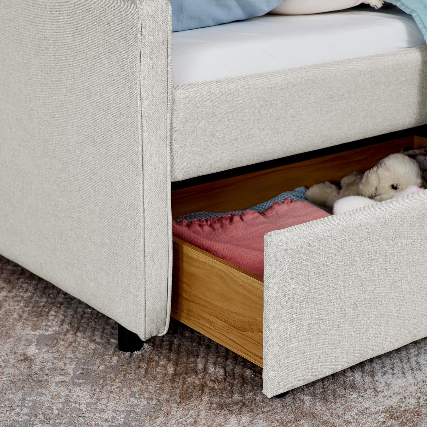 Ball & Cast Twin Daybed with Two Drawers,Linen Upholstered Day Bed Frame with Storage Headboard, LED Lights & Wireless Charging,Wood Slats Supports,No Box Spring Needed,Easy Assembly,Beige
