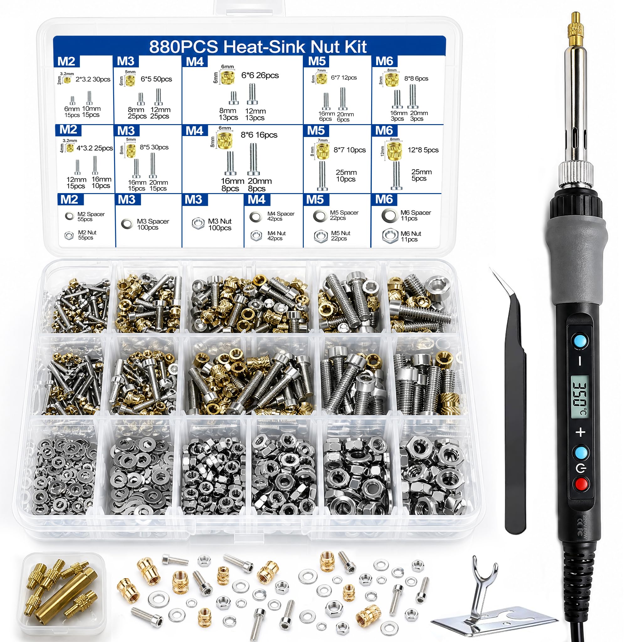 880 Stück Gewindeeinsätze Lötspitzen Set mit Schrauben, M2/M3/M4/M5/M6 Gewindeeinsätzen, Einstellbarer Temperatur Lötkolben 180-500°C mit Pinzen und Halter,Lötspitzen&Soldering Tip Adapter