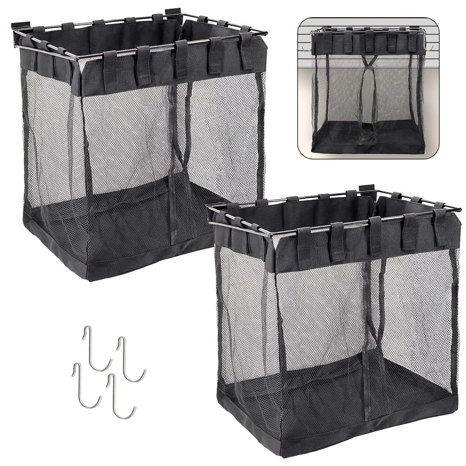 Photo 1 of Froidesente 2 Packs Large Mesh Slatwall Baskets, 16×16×12 Inch Slat Wall Mesh Storage Baskets with 4 Hooks, 13.3 Gallon Hanging Slatwall Bins for Shop Garage Gym Display Panel Accessories (Black)