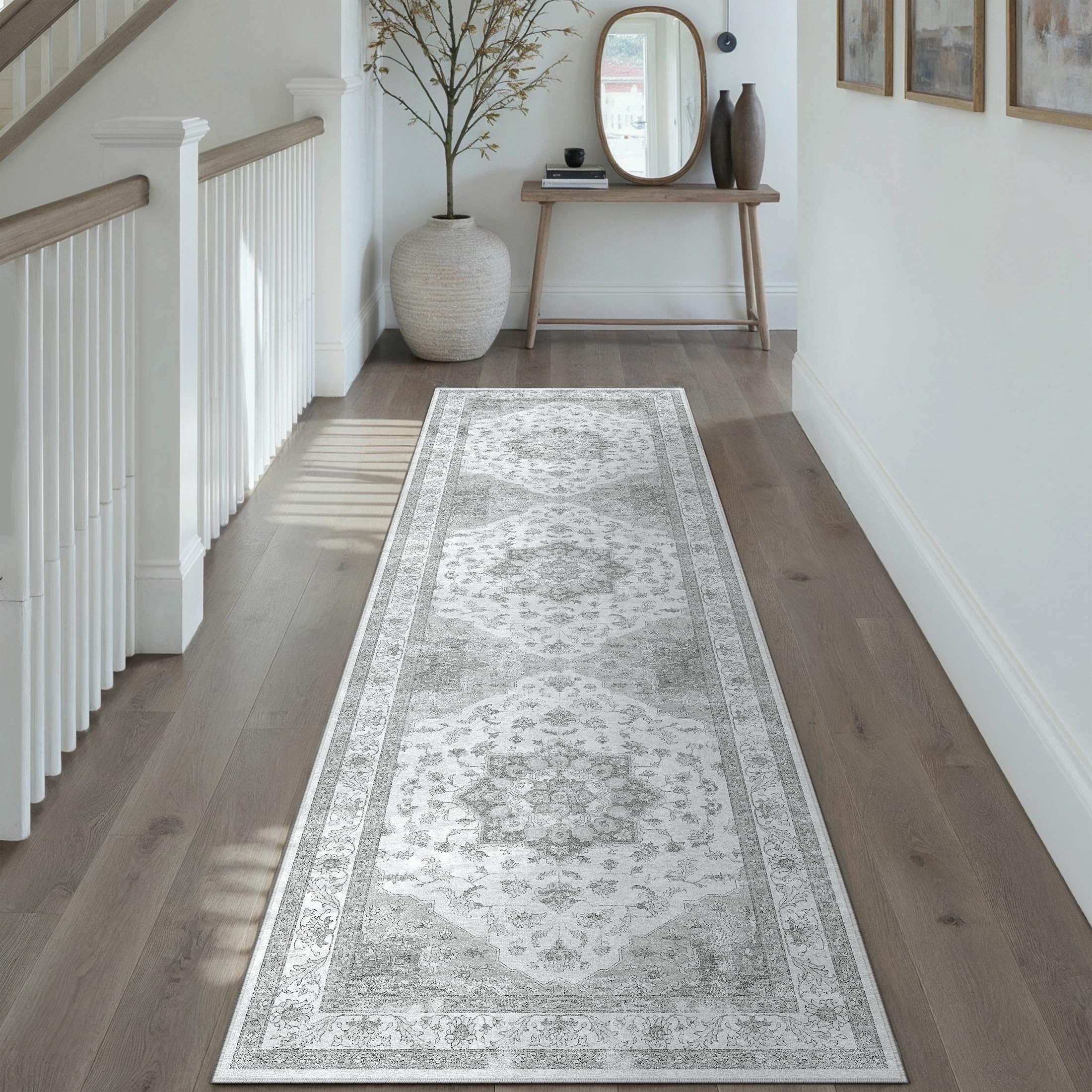 PureCozy Vintage Grauer Teppich Läufer Flur 60x240cm Waschbar | Waschbarer Teppich, Weich Rutschfest, Kurzflor Boho, für Schlafzimmer Büro Küche Flur, Langer Teppichläufer