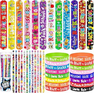 durony 24 Welcome Back to School Pencils 24 First Day of School Rubber Bracelets Silicone Wristbands 24 Back to School Slap Bracelets for Boys Girls School Classroom Exchange Prizes Gifts, 12 Styles