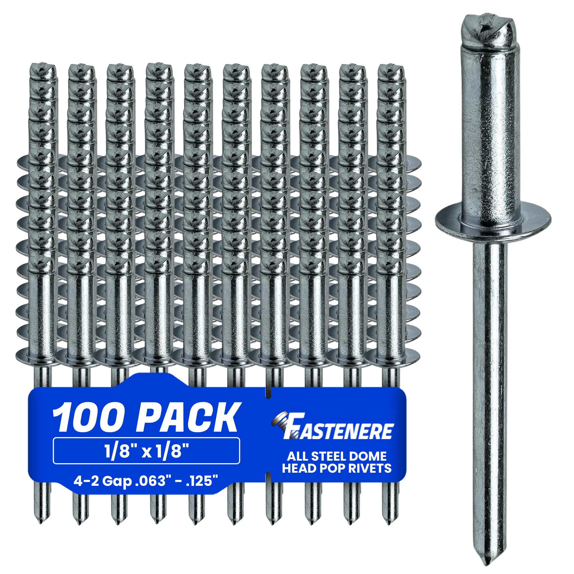 Fastenere Aluminum Pop Rivets – 1/8" X 1/8", Dome Head, 100-Piece Kit, For DIY & Metalwork