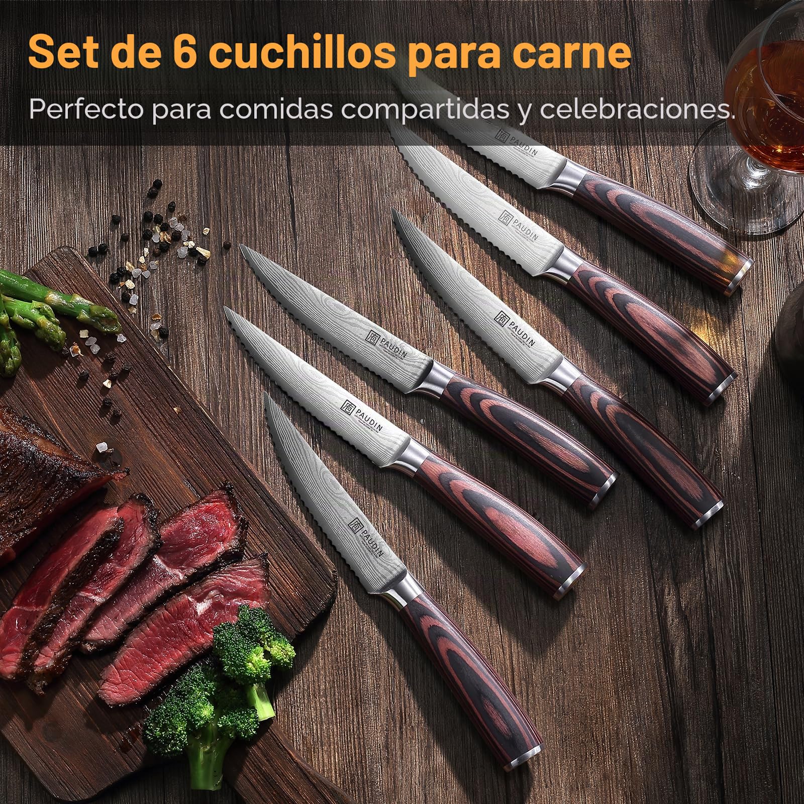 PAUDIN Juego de 6 cuchillos de carne, cuchillos de carne de acero inoxidable alemán, hoja dentada ultra afilada y mango ergonómico de madera, cuchillos de mesa con estuche de regalo