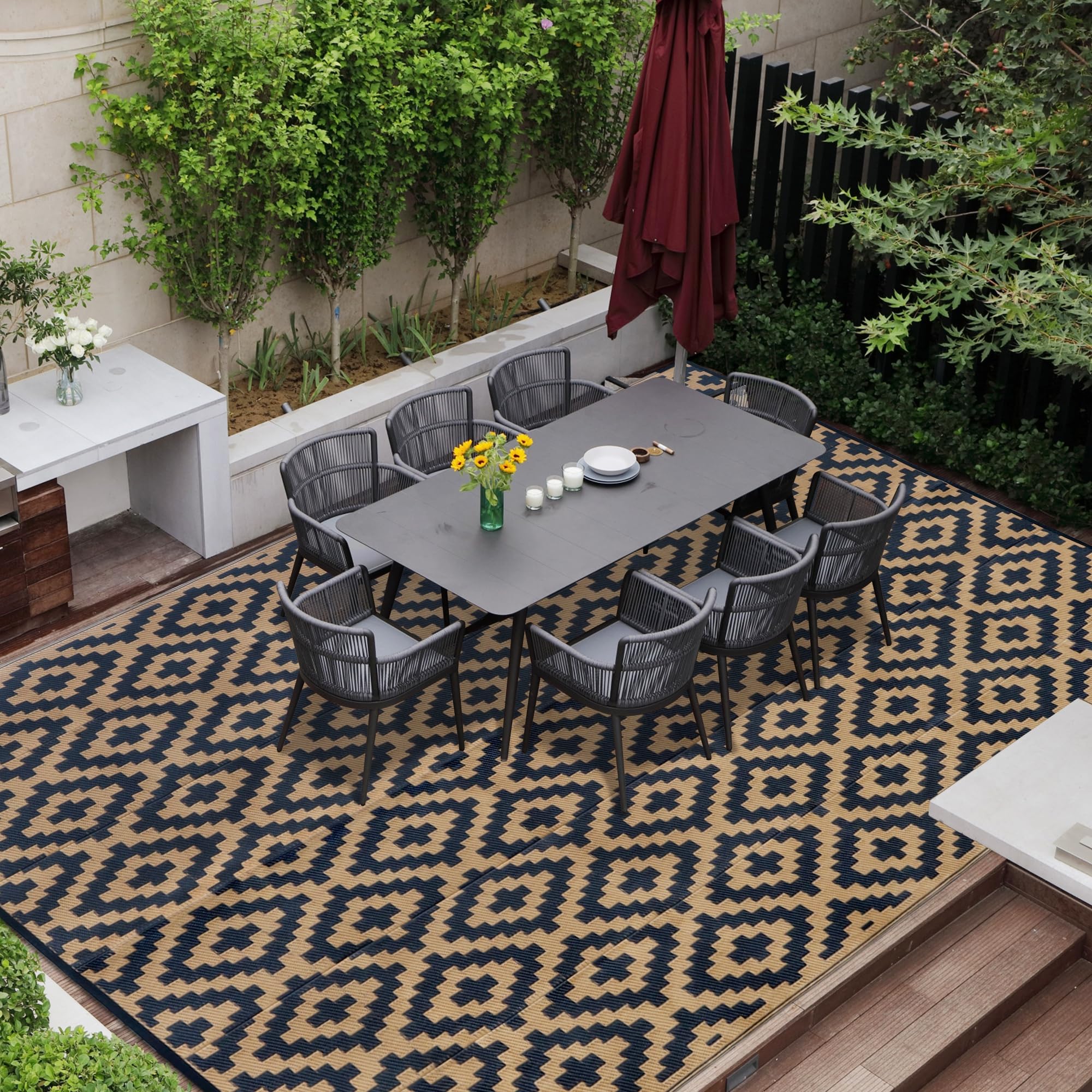 SAND MINE Reversible Mats, Plastic Straw Rug, Modern Area Rug, Large Floor Mat and Rug for Outdoors, RV, Patio, Backyard, Deck, Picnic, Beach, Trailer, Camping, Black & Brown, 8' x 10'