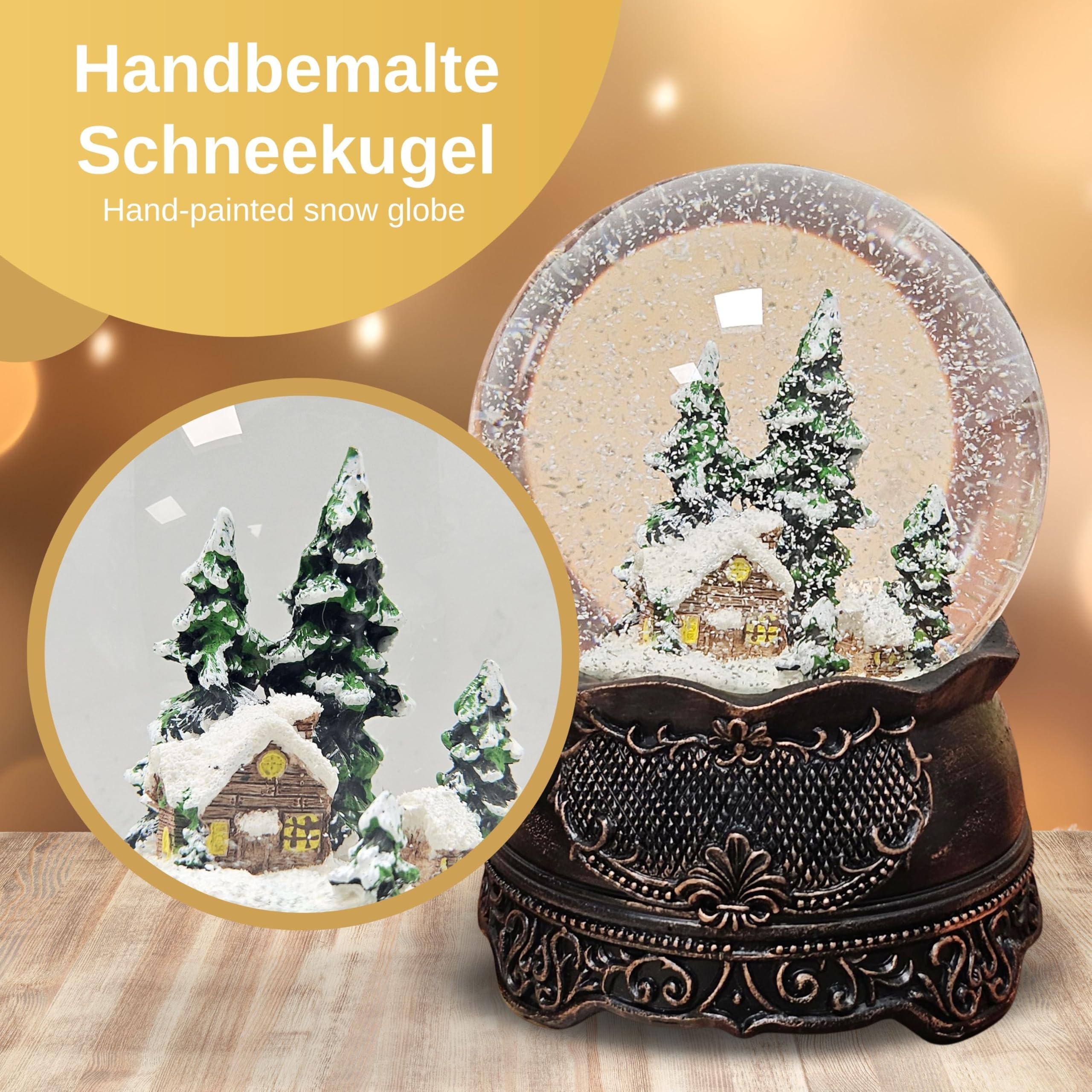 20324 Boule à neige Cabane de montagne Cabane d'hiver avec socle en cuivre antique Boîte à musique Diamètre 100 mm