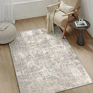 Machine Washable Area Rug 3x5 Beige Gray Modern Abstract Neutral Office Door Mat Indoor Accent Low Pile Carpet Distressed Throw Rug Bedroom Living Dining Room Kitchen Non Slip