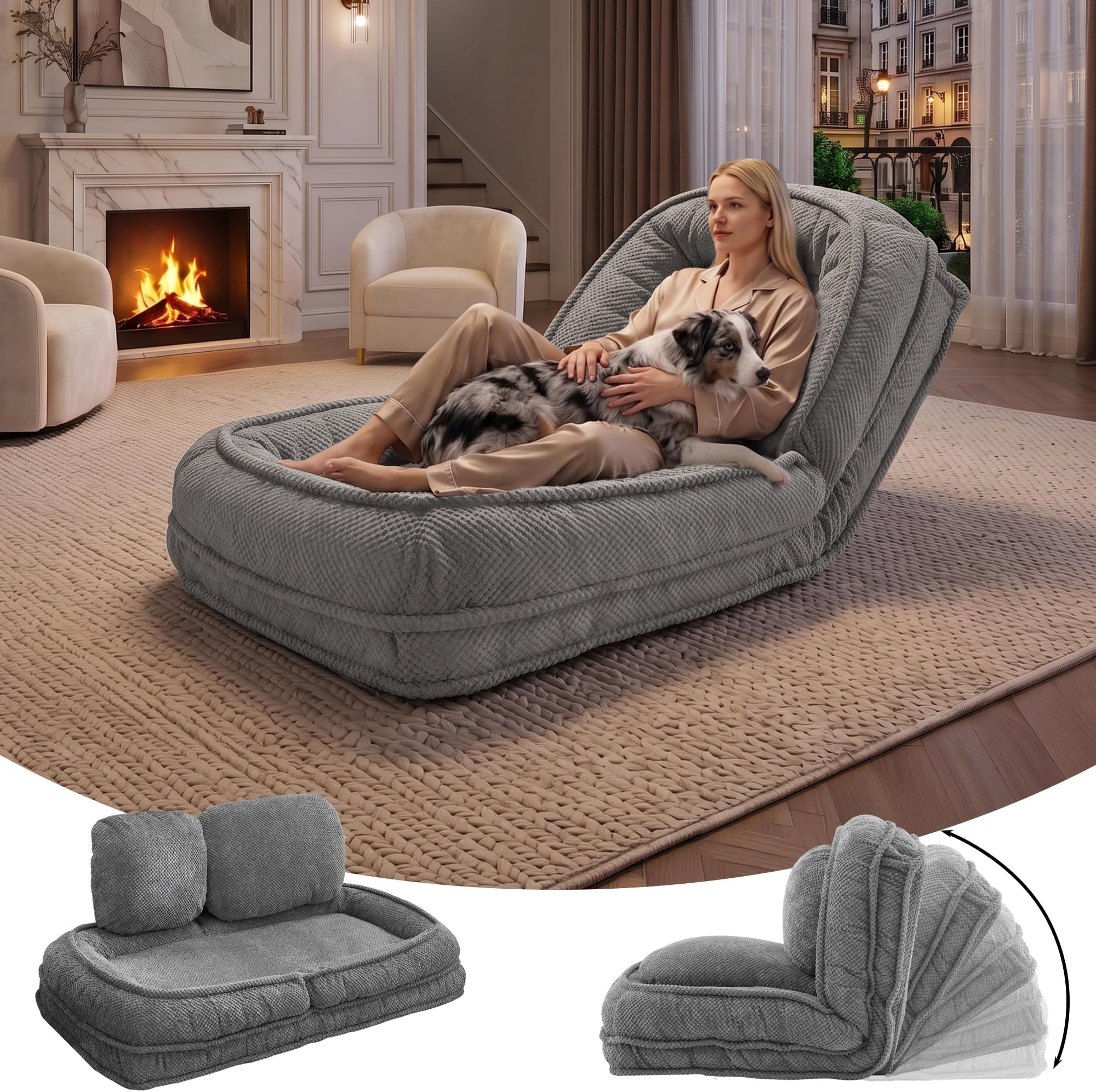 Human Dog Bed, Lazy Sofa Couch, Plush Floor Gaming Chair,5 Adjustable Position, sit, Sleep, fold, Suit to Put in Bedroom, Living Room,Space Saving Design (Gray)