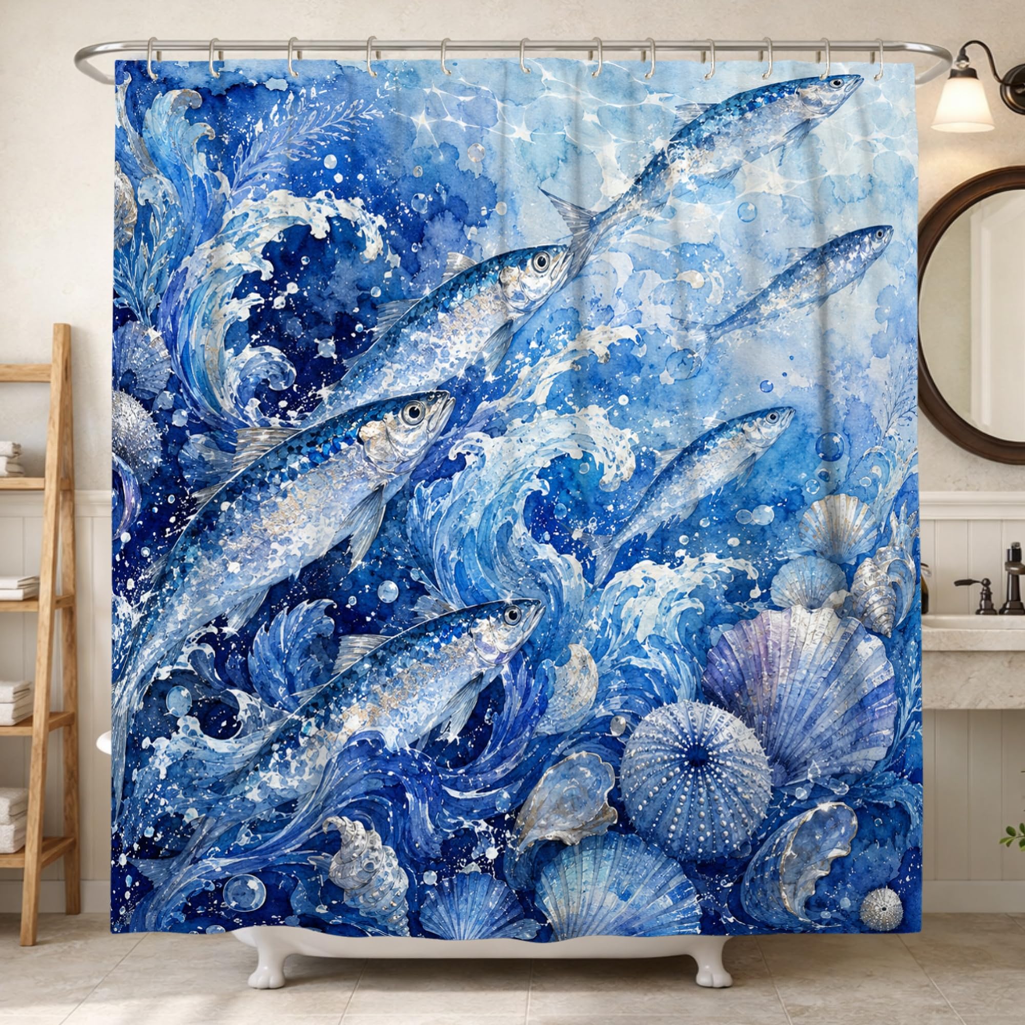 Rideau de douche bleu grand format anti-projections motif océan et vagues pour baignoire