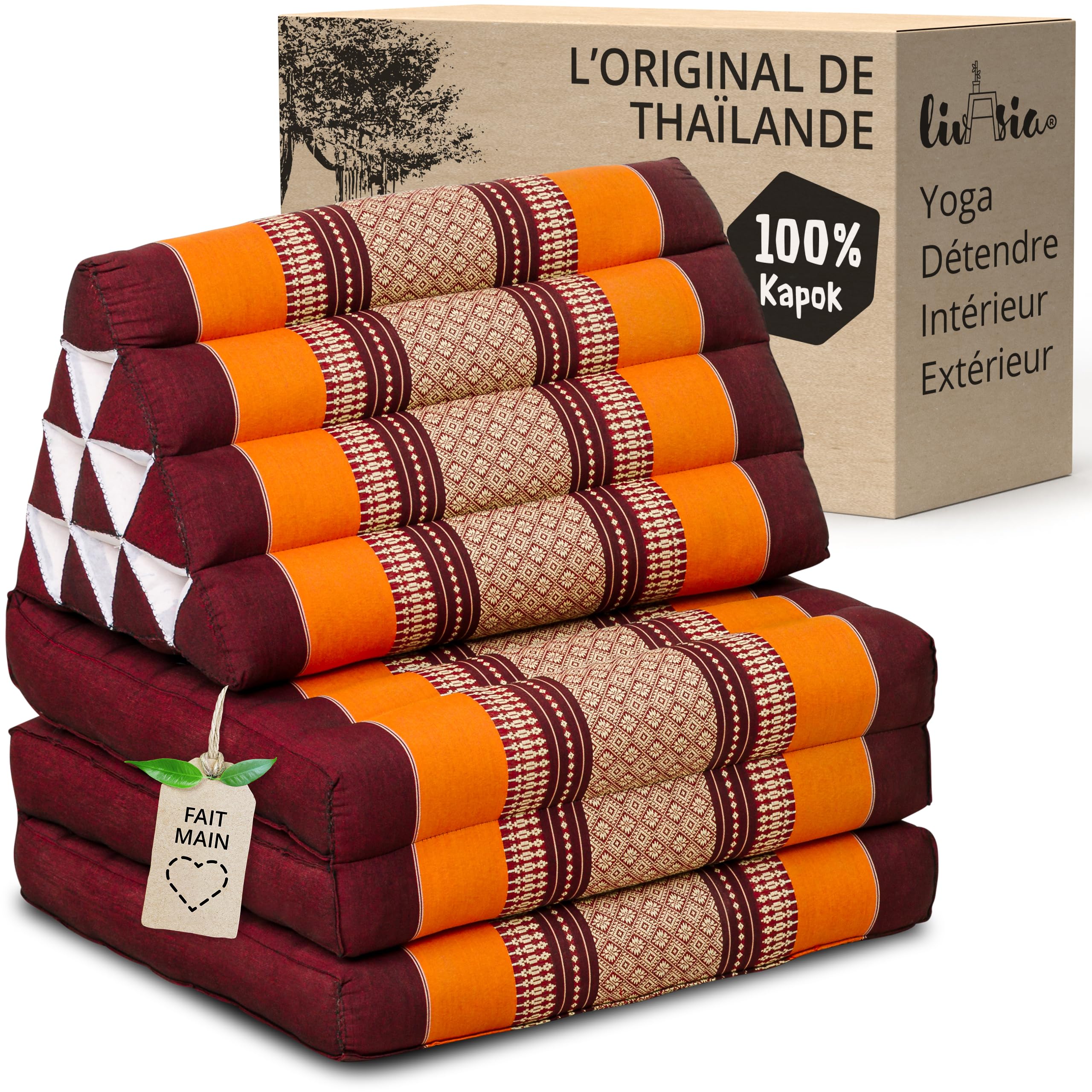 livasia Coussin thaï à 3 Blocs - 175x50x8cm - Triangle avec Matelas Pliable, Biseau kapok, Coussin de Soutien Dorsal Pliables, Tapis thaï Pliable, Fait Main (Orange)