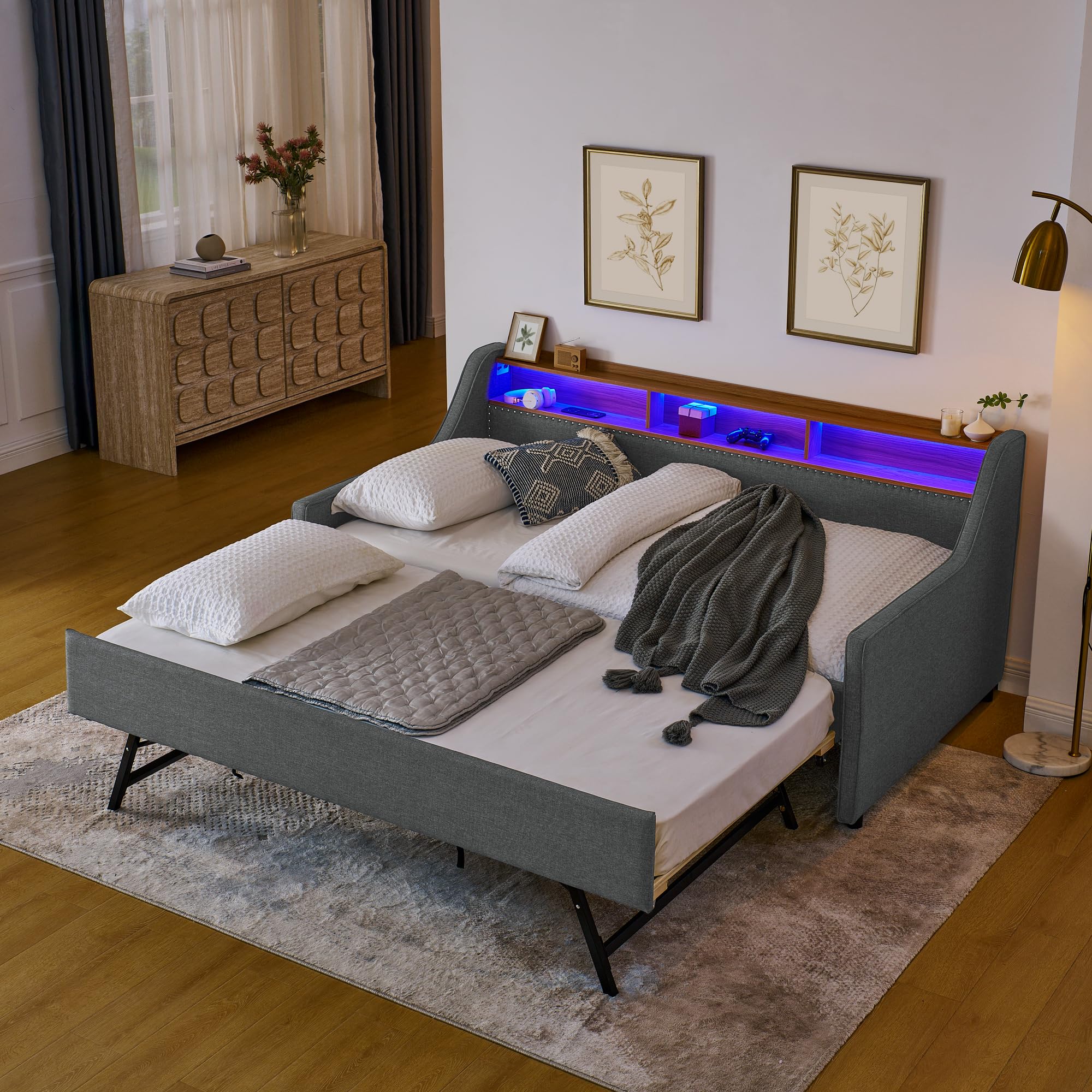 SLEERWAY Twin Daybed with Pop Up Trundle, Linen Upholstered Daybed with USB & Wireless Charging Station and LED Lights, Twin to King Trundle Bed for