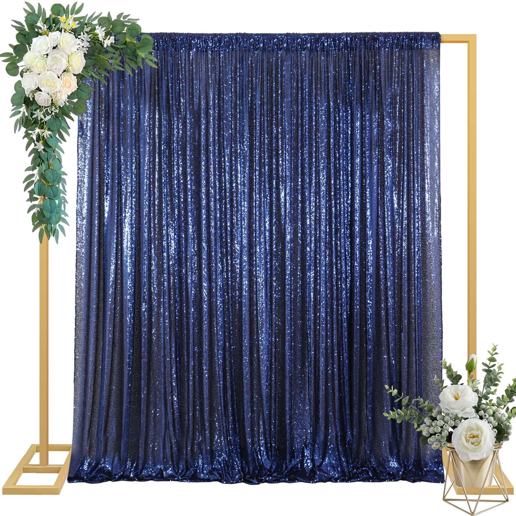 ShinyBeauty 4x10ft Navy Blue Sequin Photo Backdrop – 2 Pack Glitter Curtains for Wedding Photography, Party Decor, Studio Background (High-Reflective