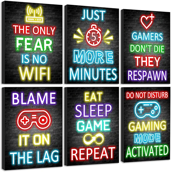 KUVIOKE Video Gamer Room Decor for Teen Boys Gaming Wall Art Gamer Neon Sign Teenage Bedroom Decor Ready to Hang Set of 6, 8x10in (Framed)