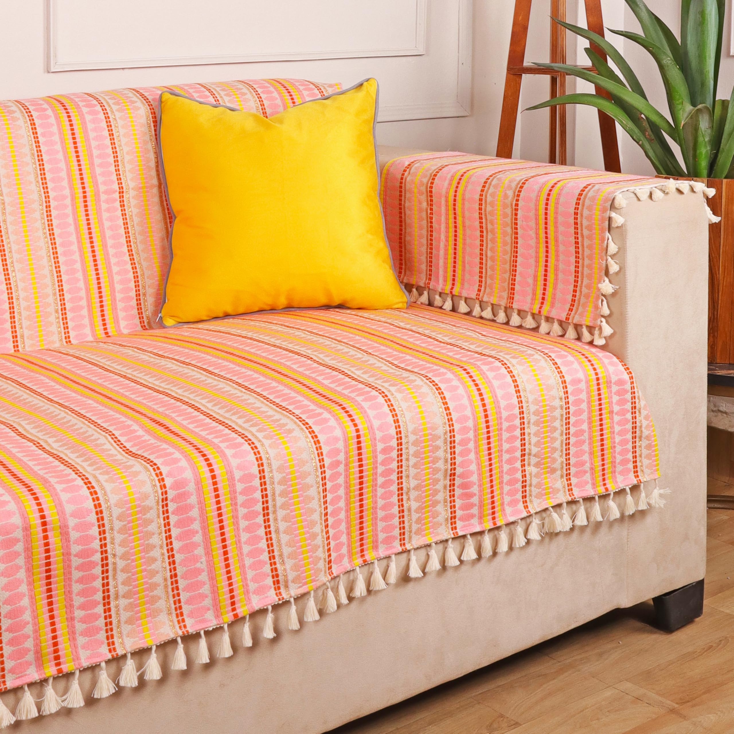 STITCHNEST Woven 2 Seater Sofa Protector with 2 Hand Rest Covers – Pink & White Stripe Design – Washable Fabric with Tassels – Stylish Sofa Cover for Modern Living Room & Furniture Décor