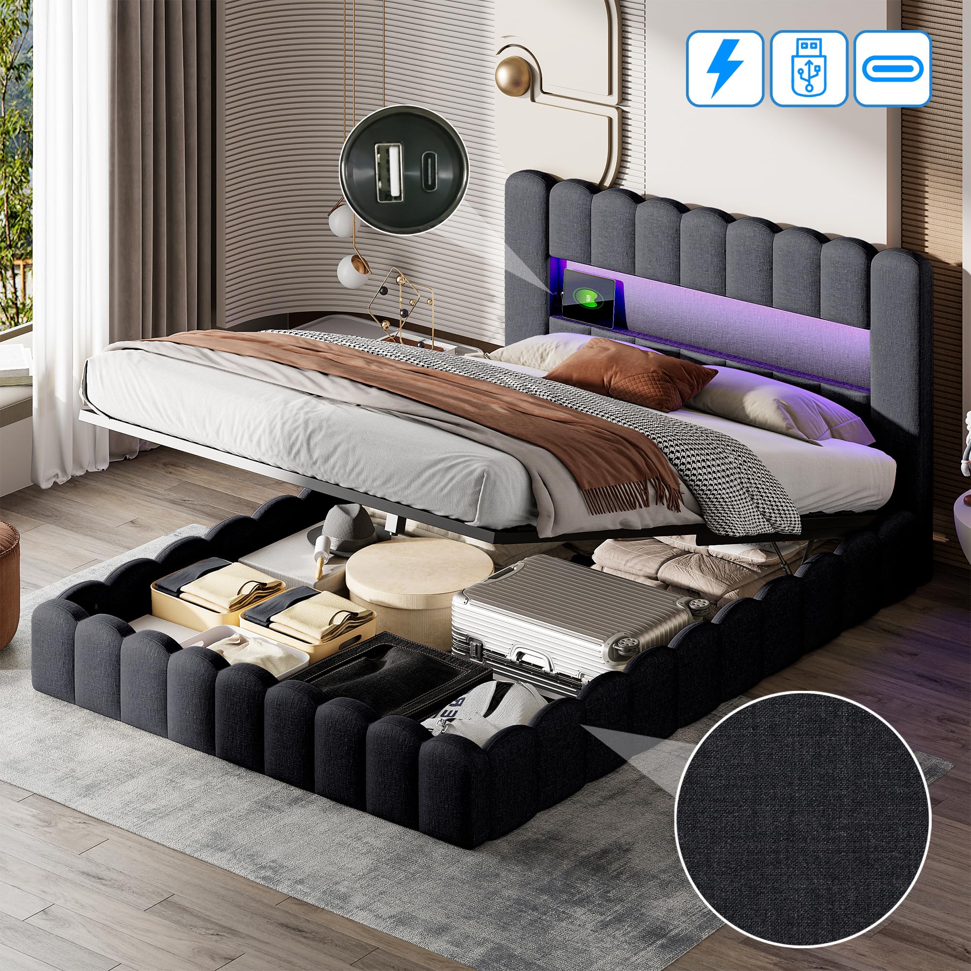 BRILVERDE Lit Coffre 140x200 cm,Tête de lit avec éclairage LED, Fonction de Chargement USB et de Rangement,Lit Double avec Rangement, sommier tapissier avec Rangement,Lin, sans Matelas(Gris, 140x200)