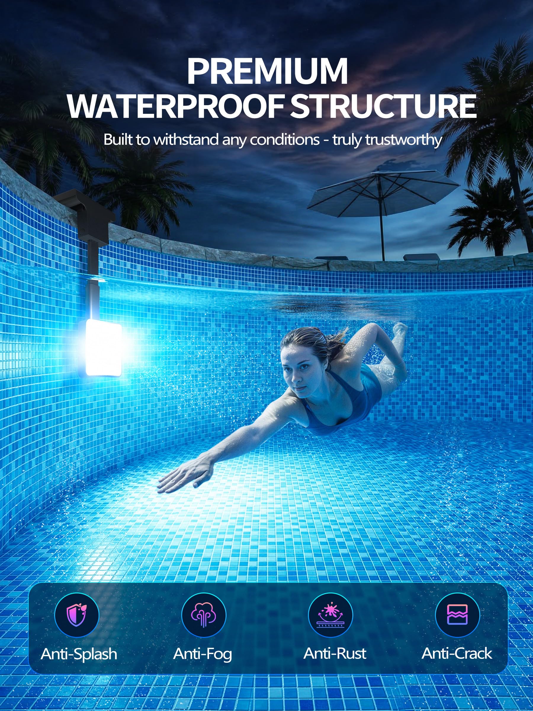 DeeprBlu 2 en 1 Luz Piscina Solar Sumergible con Termómetro de Piscina, Luces LED para Piscinas con 10 Impresionante Modos de Luz & Pantalla Retroiluminada Nocturna, Solo para Piscinas Enterrada