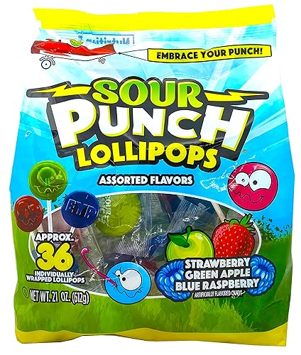 Adams & Brooks, Inc. Sour Punch Lollipops Sour Fruit Flavors Strawberry, Green Apple, Blue Raspberry Sour Lollipops, Sour Punch Pops envueltas