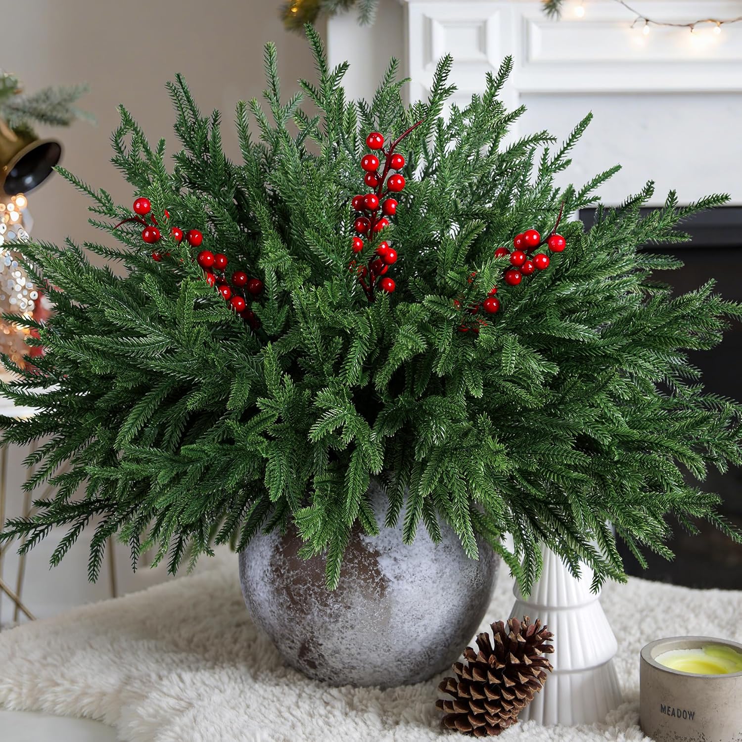 Artificial Faux Christmas Norfolk Pine Stems Branches for Vases,12 Bundles Fake Evergreen Real Touch Greenery Stem with 3 PCS Red Berry Branches for Xmas Holiday Winter Table Indoor Decor