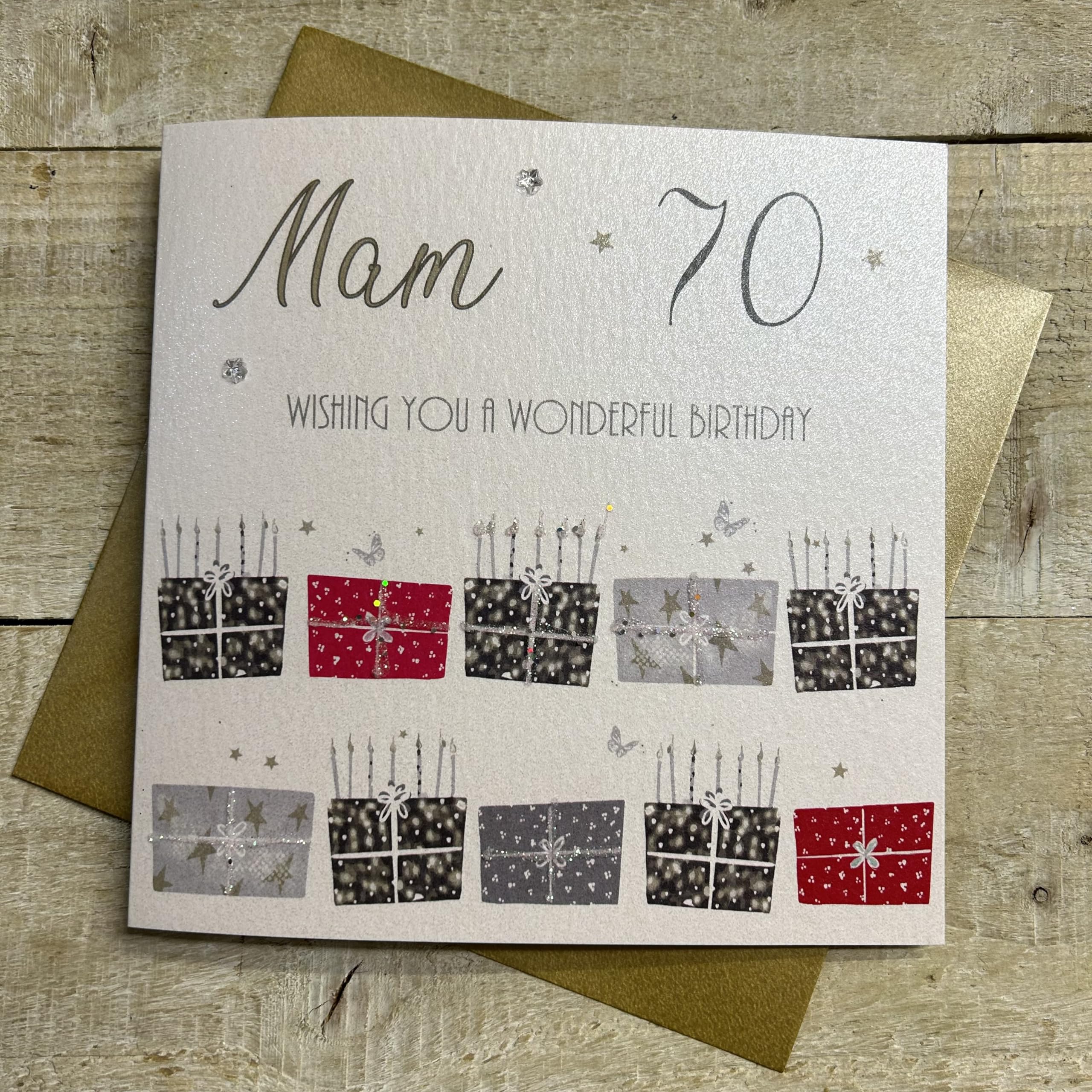 White Cotton Cards 70 Wishing You A Wonderful Mam,Handmade 70th Birthday Card (Red Pressie
