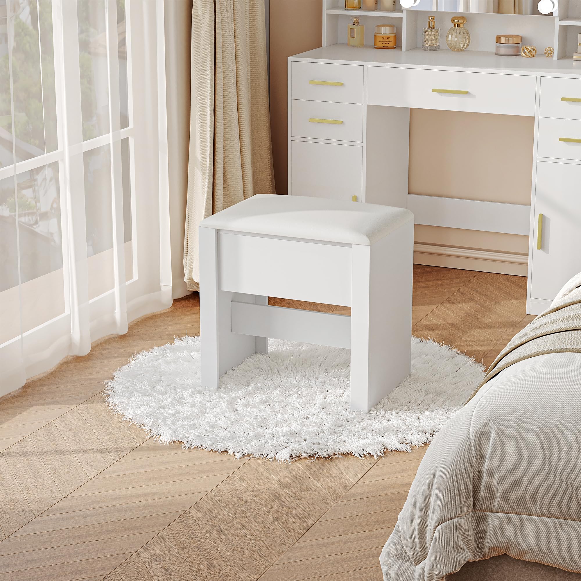 HEXCELEN Taburete de Tocador Tapizado con Almohadilla Antideslizante Blanco 30 x 40 x 44 cm