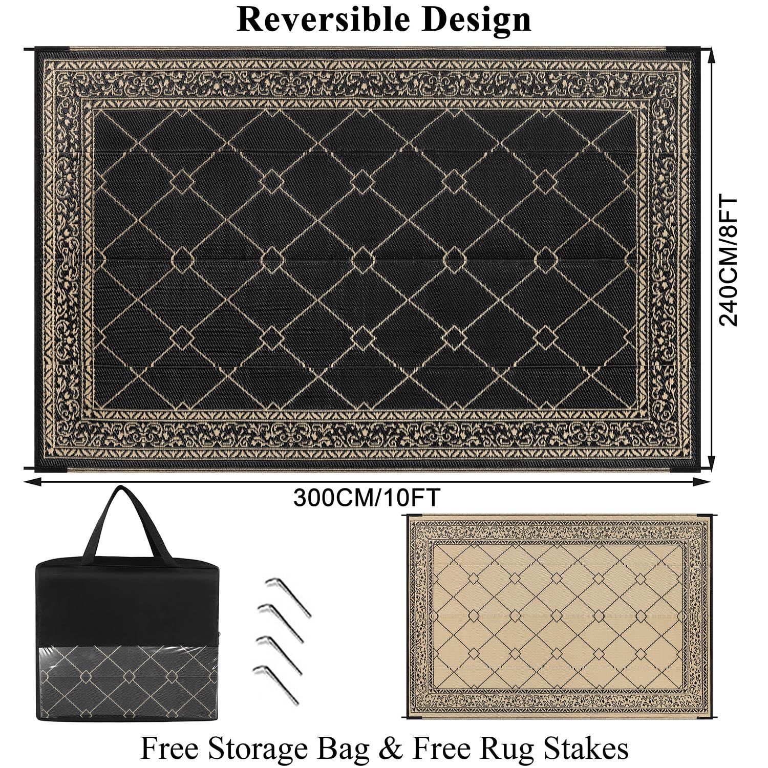 SHACOS Tappeto da Esterno Impermeabile Resistente ai Raggi UV, Tappeti da Terrazzo Reversibile Tappeto Giardinoin Plastica, per Campeggio, Balcone, Cortile, Nero-Marrone, 240x300 cm