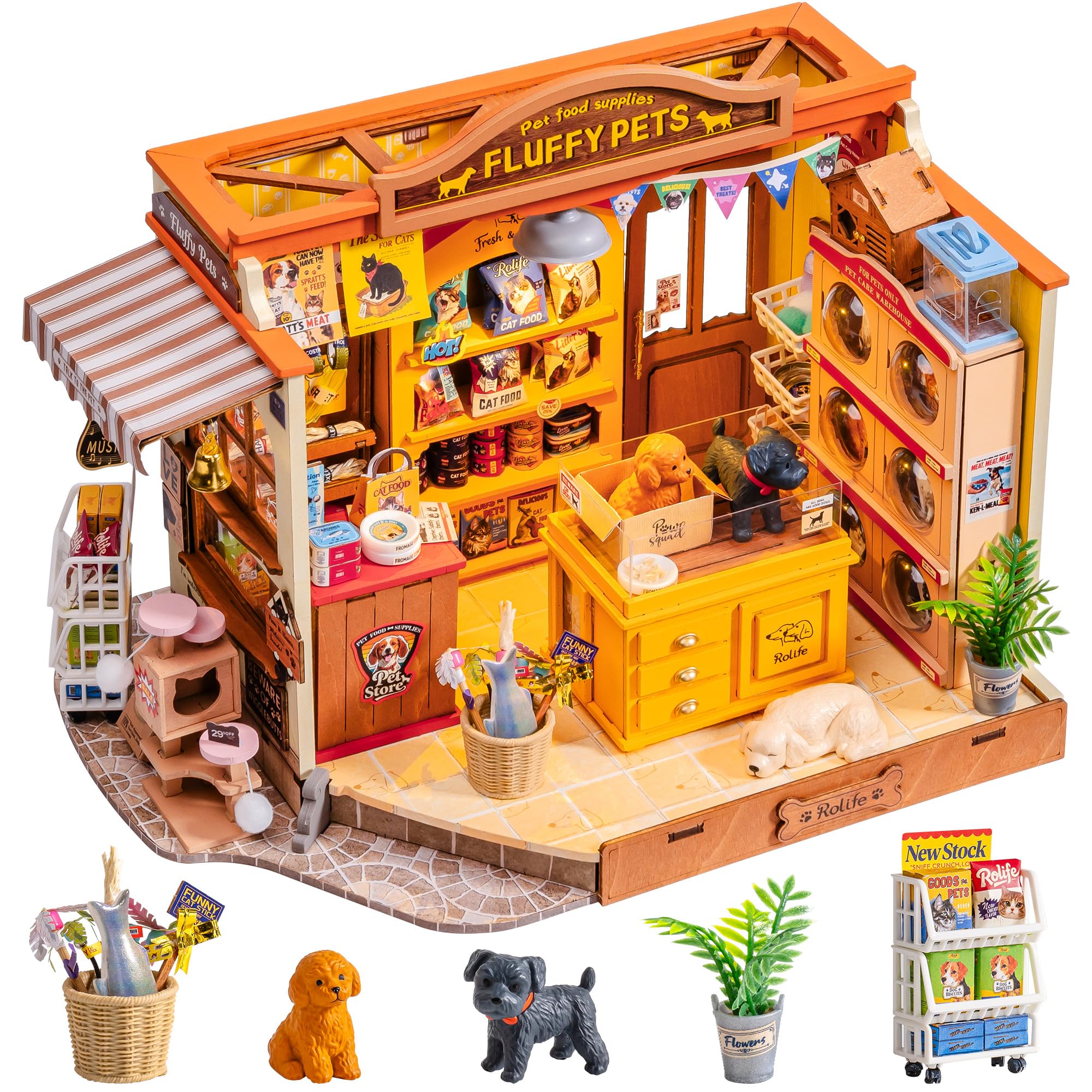 Rolife Kit fai da te in miniatura per casa delle bambole Fluffy Friends, accogliente negozio di animali domestici piccola casa con mobili, kit di costruzione in miniatura fai da te per gli amanti