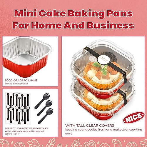Miniatura 5 de 50 piezas de mini moldes cuadrados para hornear con tapas y cucharas, moldes mini de papel de aluminio para pasteles con tapas, ramekins
