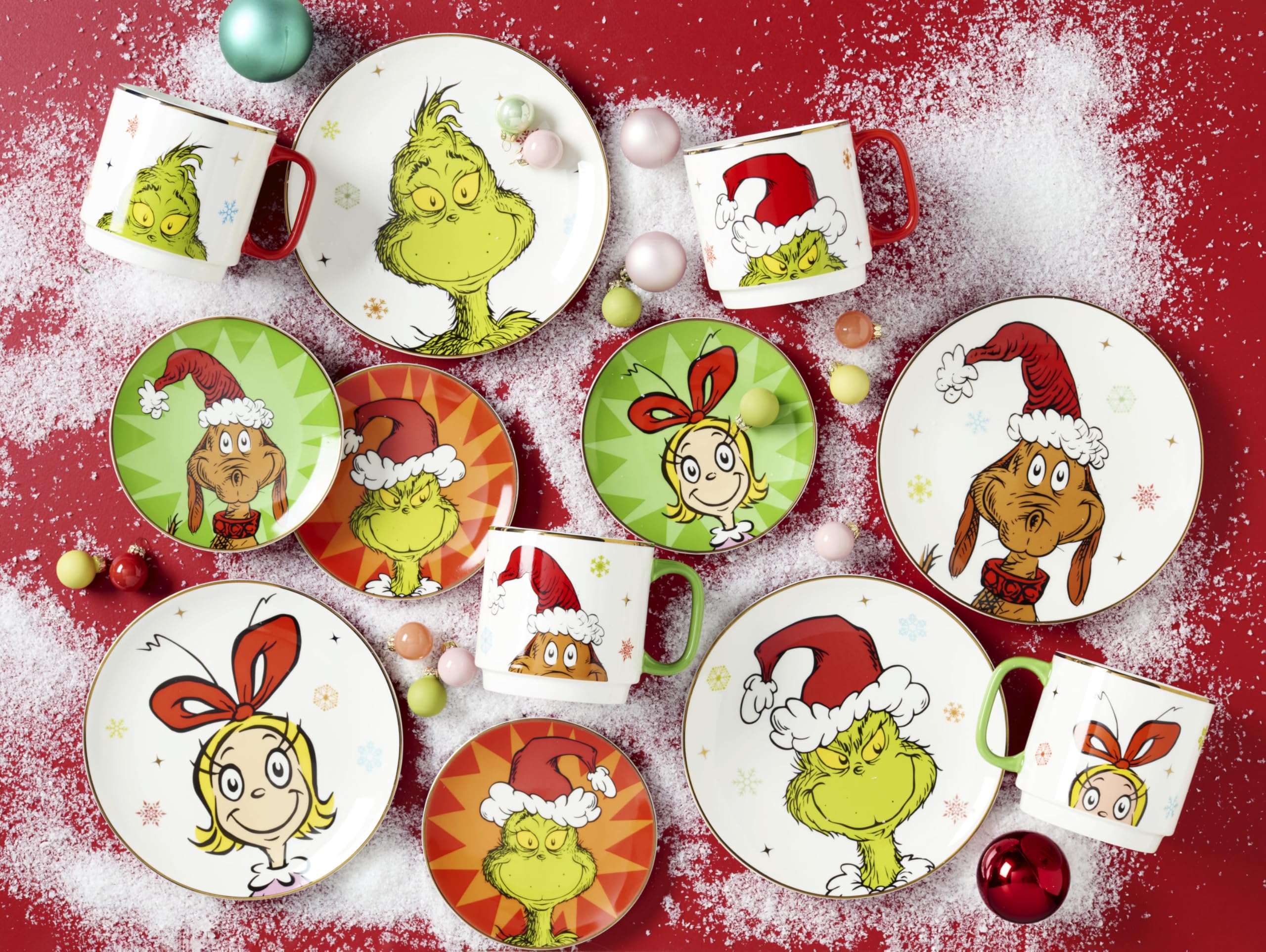 Lenox Merry Grinchmas - Vajilla para 4 platos de porcelana, apto para microondas y lavavajillas, para pasta, ensalada y cena, decoración navideña (surtido de 4 piezas)