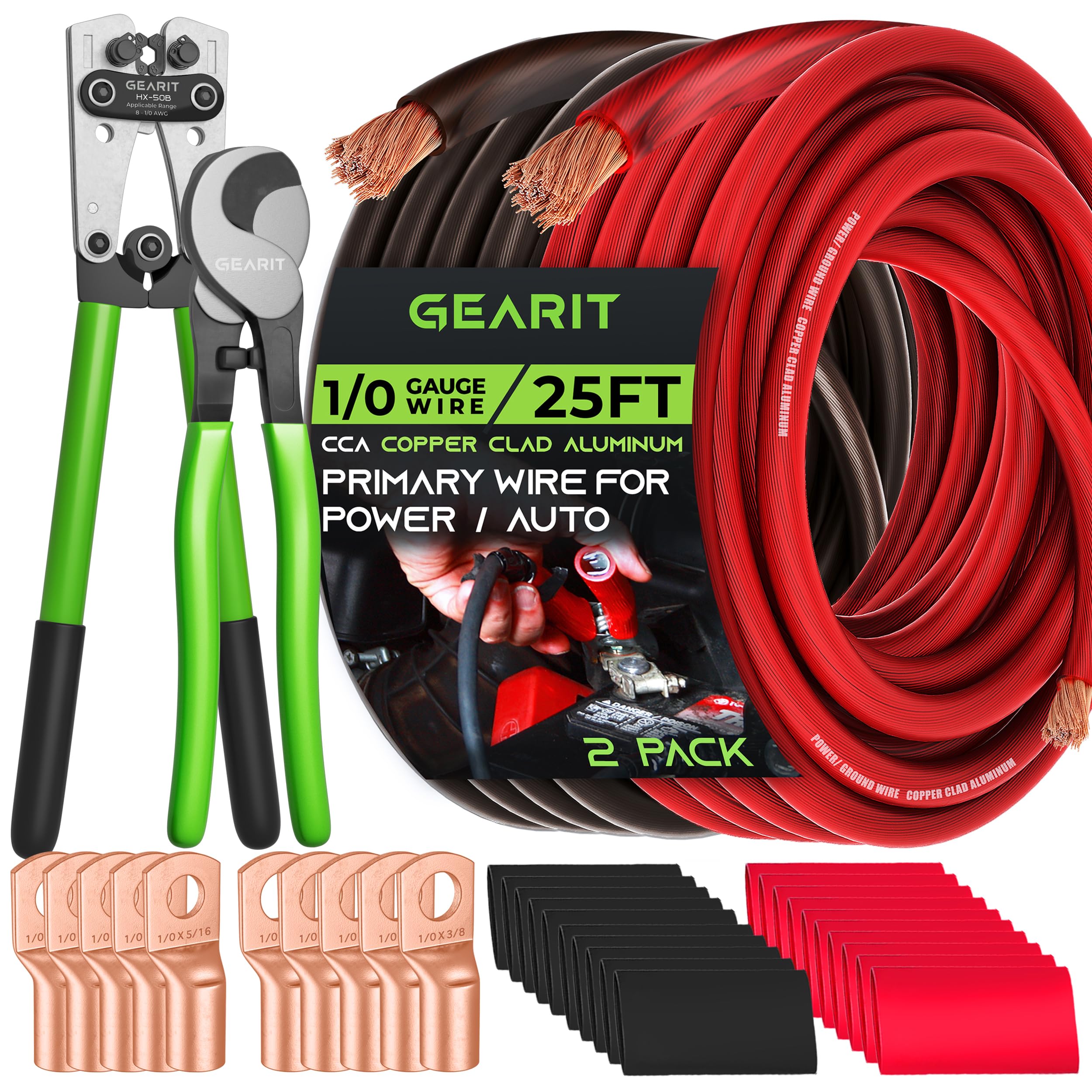 GearITGearIT 0 Gauge CCA Ground Wire (25FT Each - Black and Red) All-in-One Kit: Crimping Tool, Cutter, 10 Lugs, and 20 Heat Shrink Wrap