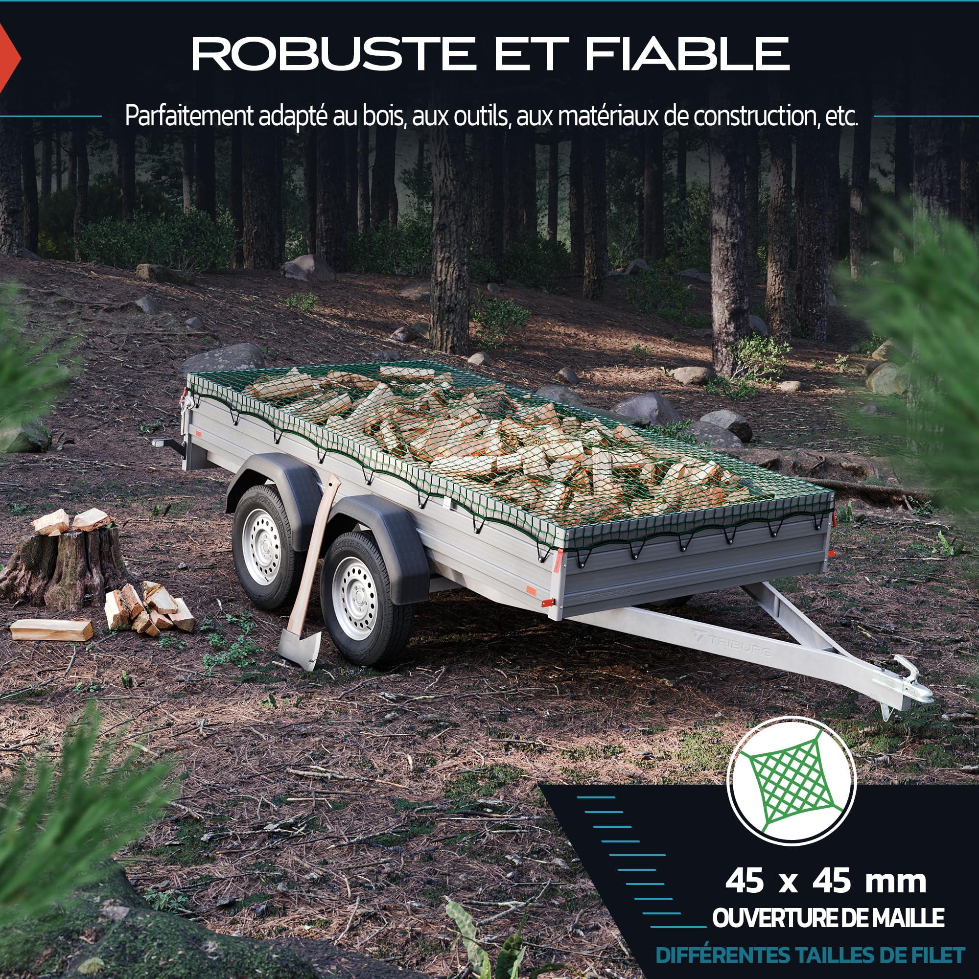 TRIBURG Filet pour remorque 3x6 avec marquage des Angles et renforcement des Bords - Filet pour remorque avec élastique de Tension pour Une sécurisation optimale du Chargement