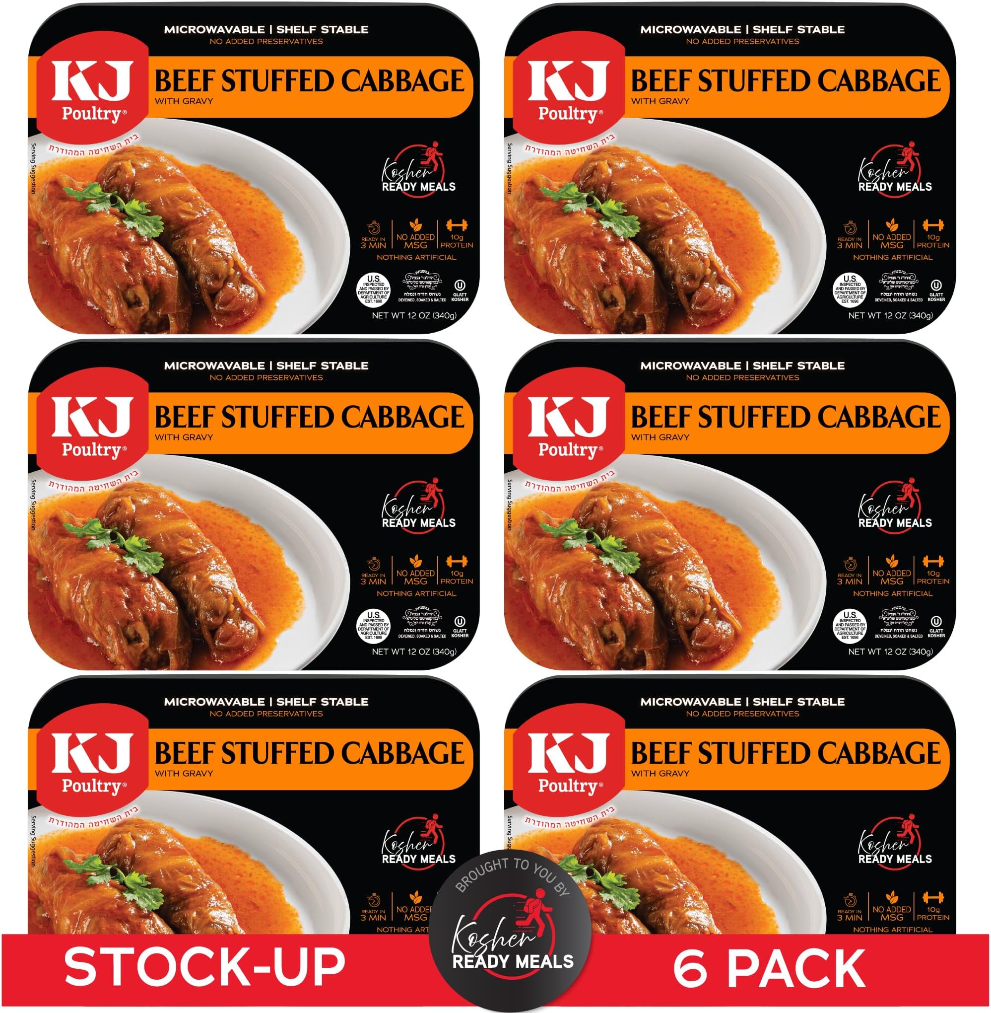 KJ Poultry Kosher Ready Meals - Beef Stuffed Cabbage Rolls, MRE Meat Meals Ready to Eat, Gluten Free (6 Pack) Prepared Entree Fully Cooked, Shelf Stable Microwave Dinner Travel Military Camping