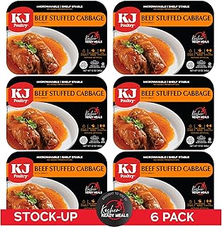 KJ Poultry Kosher Ready Meals - Beef Stuffed Cabbage Rolls, MRE Meat Meals Ready to Eat, Gluten Free (6 Pack) Prepared Entree Fully Cooked, Shelf Stable Microwave Dinner Travel Military Camping