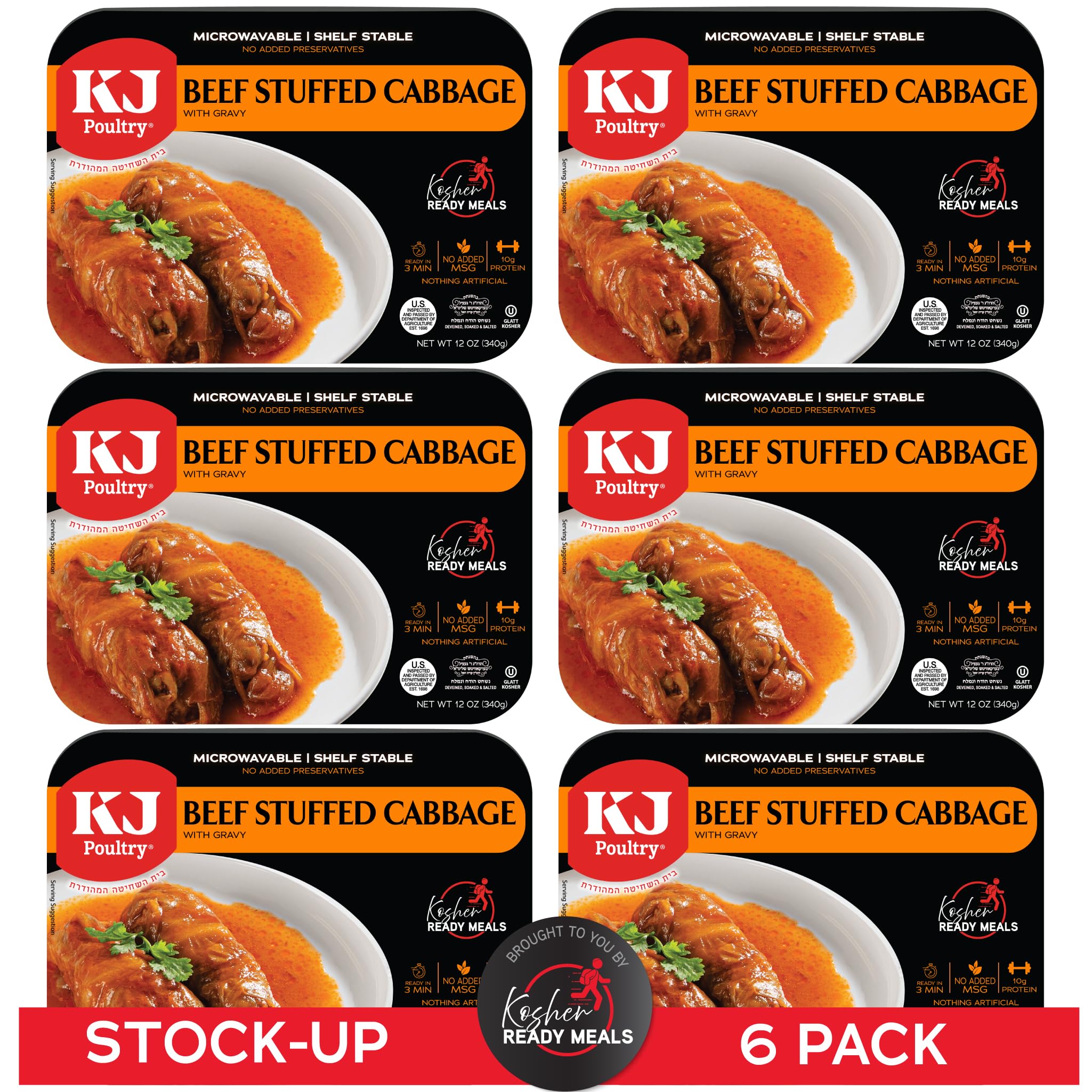 KJ Poultry Kosher Ready Meals - Beef Stuffed Cabbage Rolls, MRE Meat Meals Ready to Eat, Gluten Free (6 Pack) Prepared Entree Fully Cooked, Shelf Stable Microwave Dinner Travel Military Camping