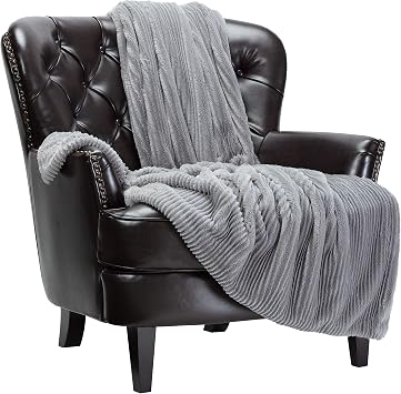 Chanasya Premium Stripe Textured Faux Fur Throw Blanket - Elegant Super Soft Cozy Luxury Plush Faux Fur with Reverse Mink Blanket for Bed Couch and Living Room Decor 50x65 Inches Gray Blanket