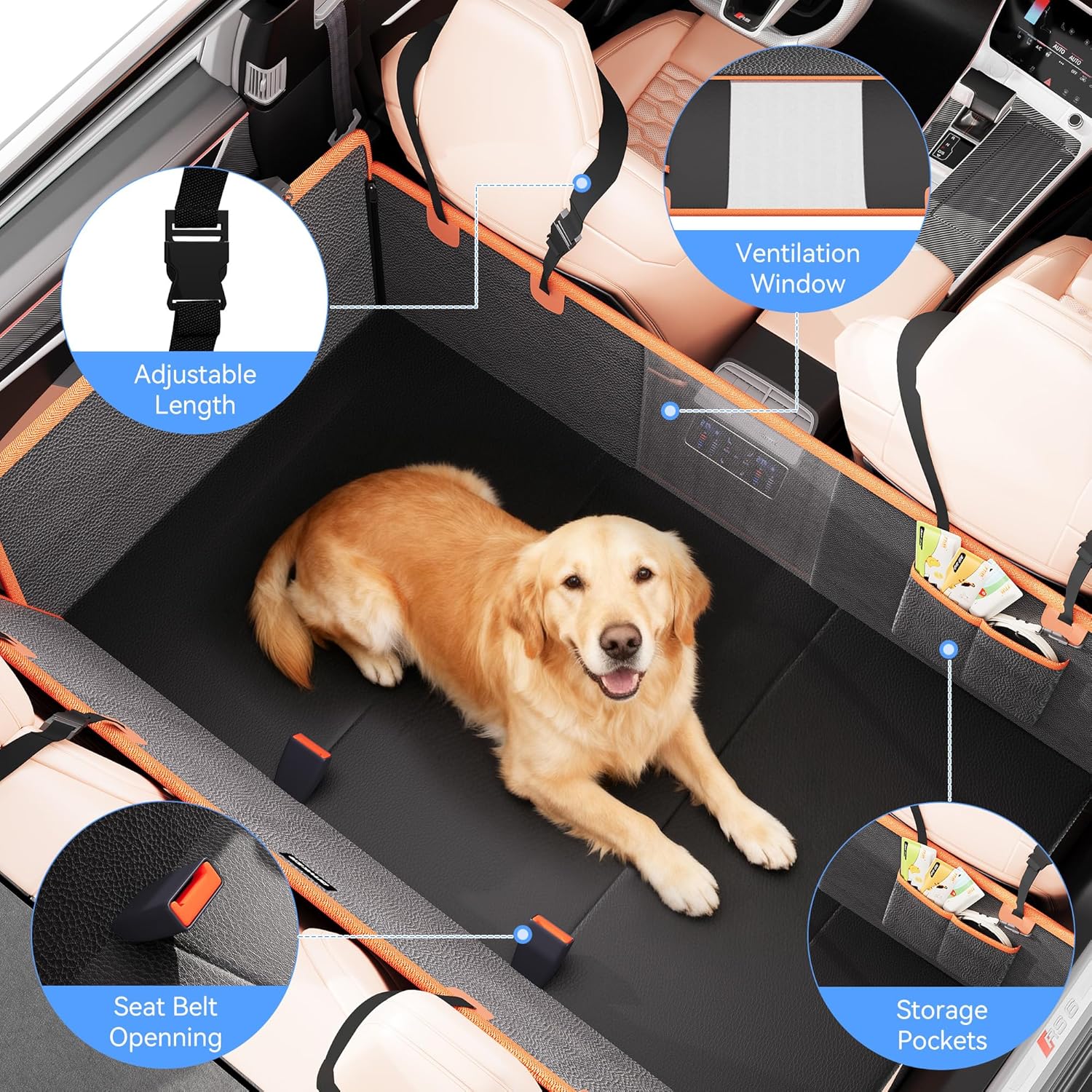 Back Seat Extender for Dogs, PU Leather Hard Bottom Dog Car Seat Cover for Back Seat, Waterproof, Scratch Proof and Anti Slip Dog Hammock for Cars and SUVs, Holds 400 lbs