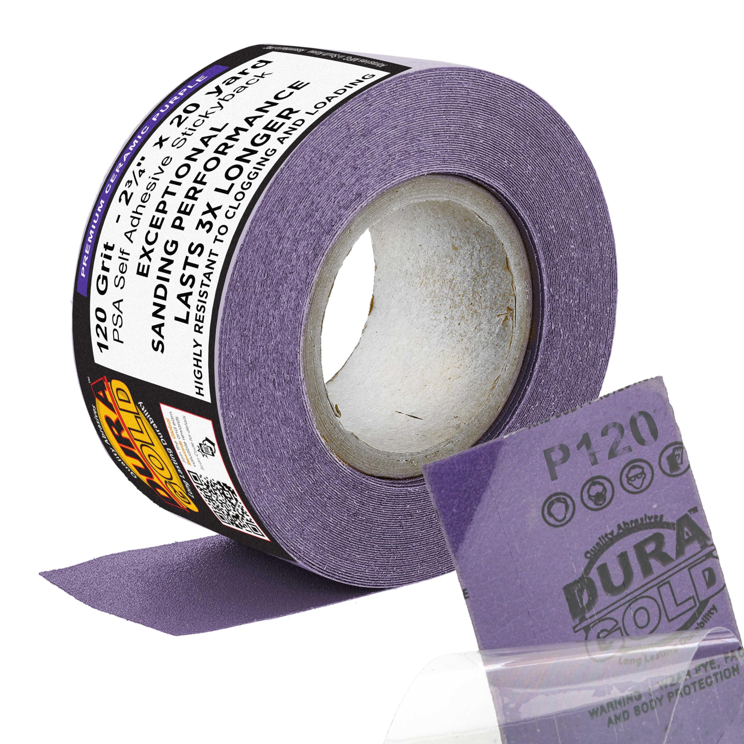 Dura-Gold Papel de lija de cerámica de grano 120 PSA de alta calidad, rollo continuo de 20 yardas, 2-3/4 pulgadas de ancho, parte trasera adhesiva autoadhesiva para lijadoras de tablero largo de lima