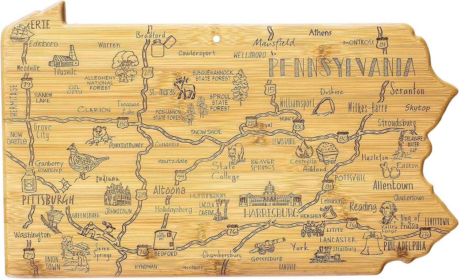 Totally Bamboo Destination Pennsylvania Shaped Cutting Board – Bamboo Charcuterie and Serving Board with Hang Tie for Wall Display