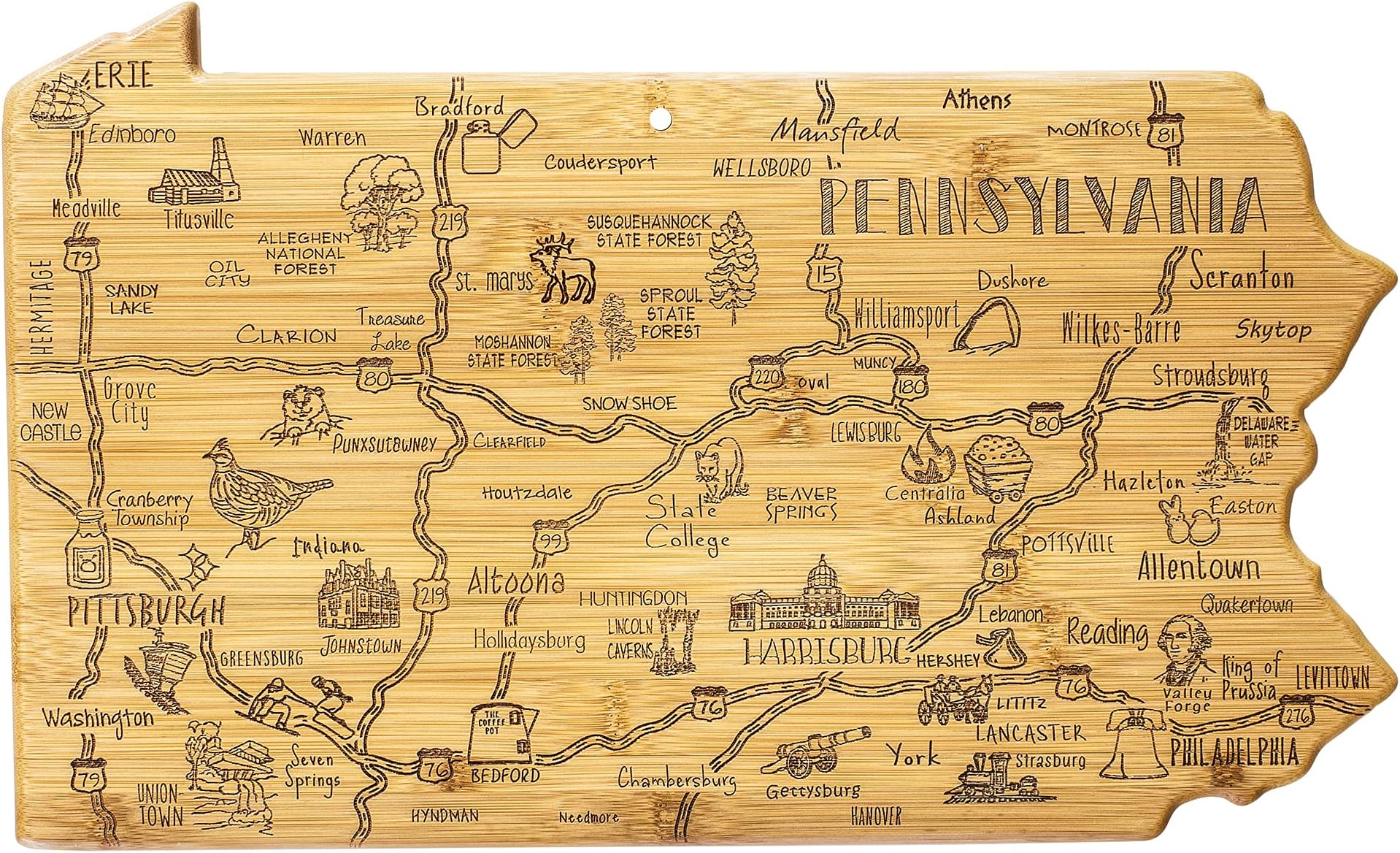 Destination Pennsylvania Shaped Cutting Board – Bamboo Charcuterie and Serving Board with Hang Tie for Wall Display