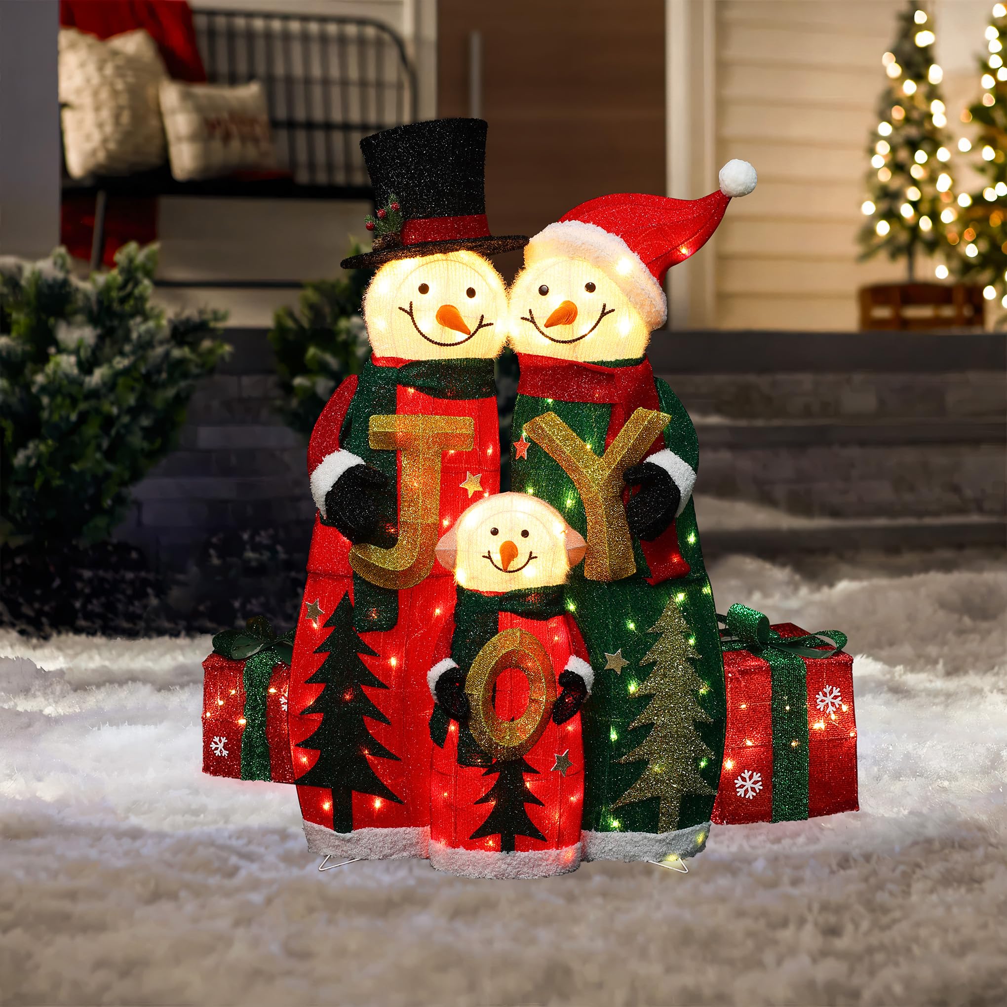 LuxenHome - Muñeco de nieve iluminado de 3 pies, decoración familiar al aire libre, muñeco de nieve con sombrero y bufanda, decoraciones navideñas iluminadas para interiores y exteriores para porche