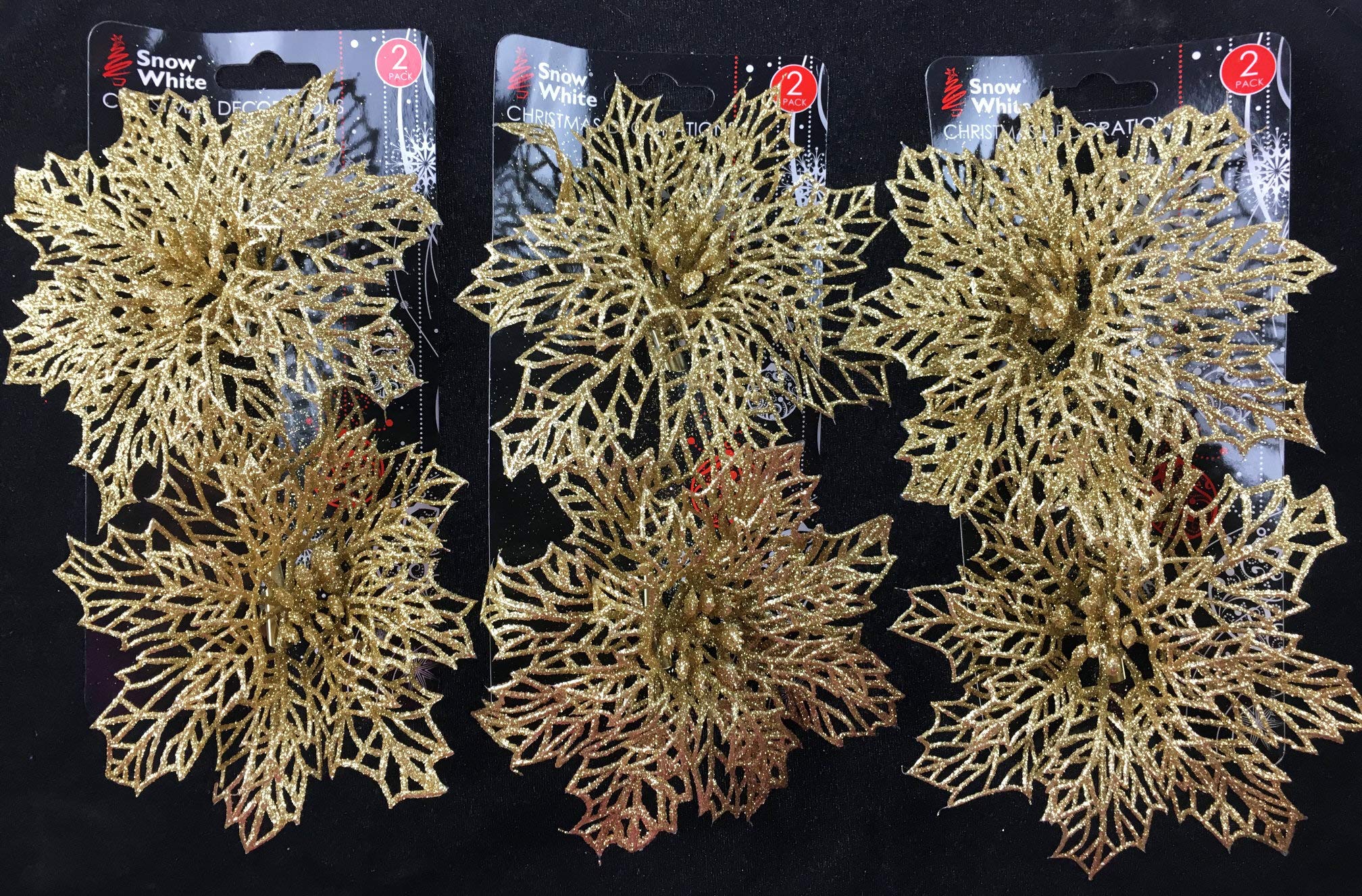 Bwg Gold Set Of 6 Large Glitter Poinsettia Clip On Christmas Craft/Tree Decorations