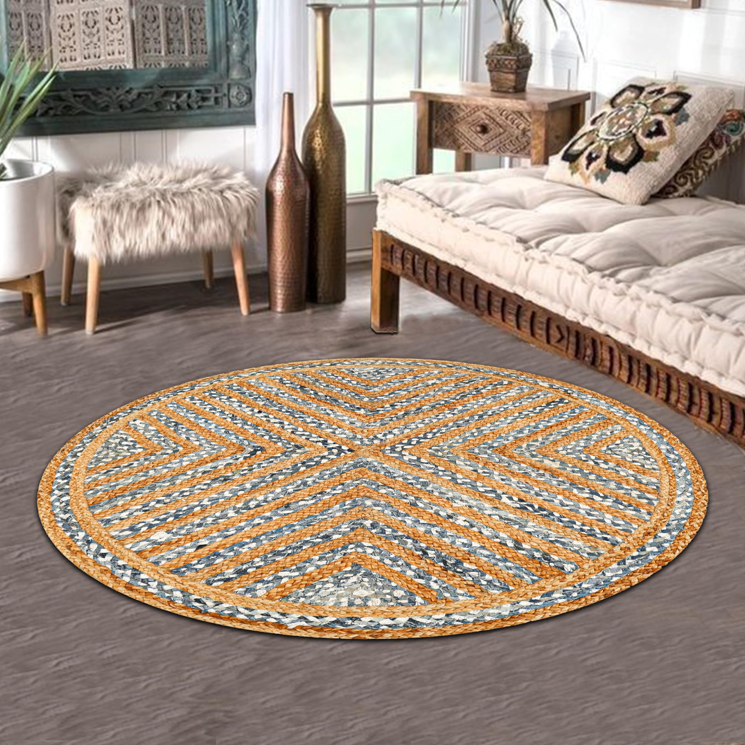 Lightnpro Bohemian-Teppich aus Jute, Baumwolle, Denim, geflochten, rund, Bauernhaus, Jute, Baumwolle, Flickenteppich für Küche, Kinderzimmer, Spielzimmer, bunt, handgewebt, wendbar, haustierfreundlich
