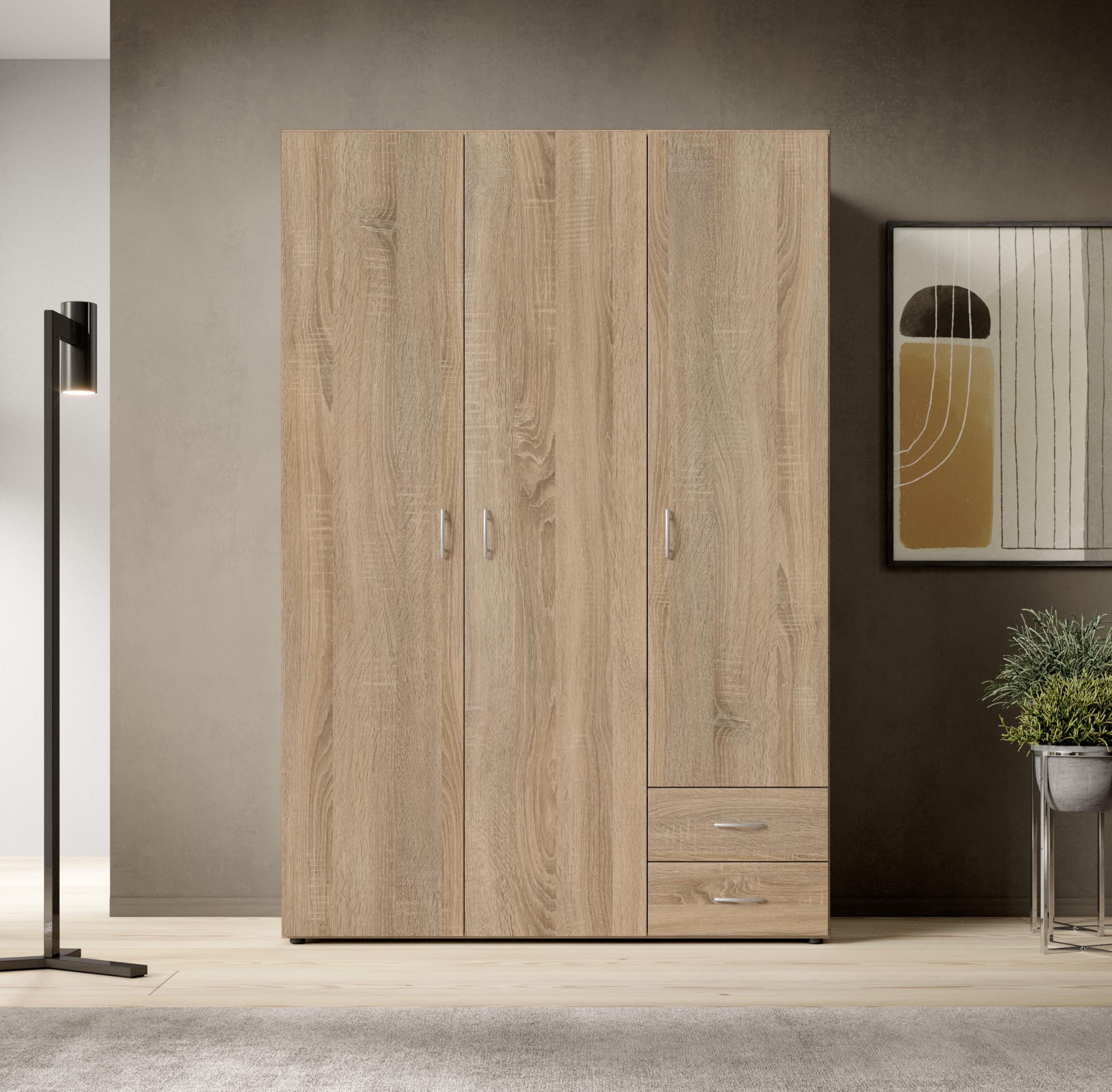 Armadio Guardaroba 3 Ante e 2 Cassetti | Armadio Camera da Letto Moderno 121x177x51 cm (LxHxP) | Ampio Spazio Organizzativo con Barra Appendiabiti | Colore Rovere