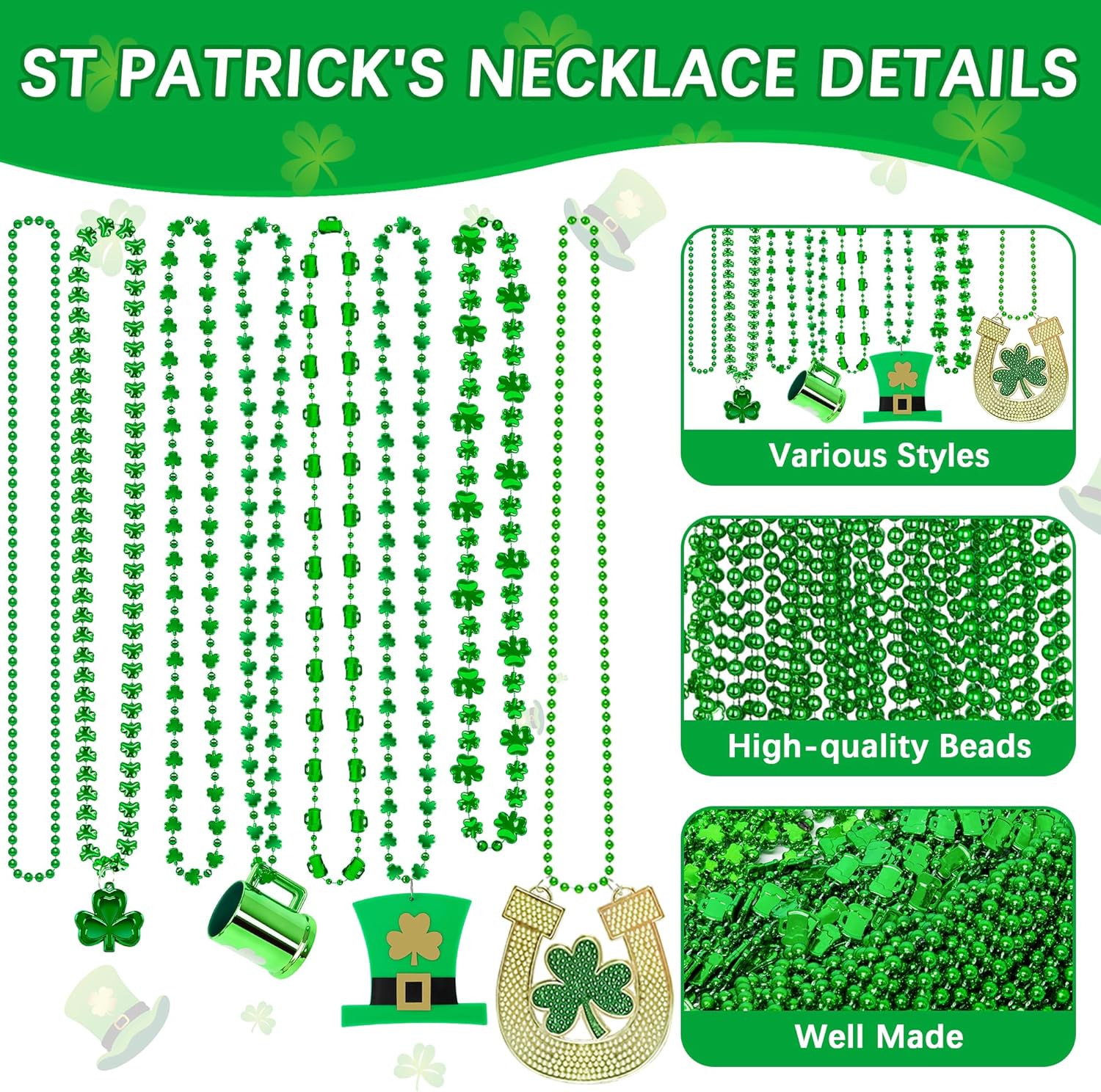 72PCS St Patricks Day Necklace, Metallic 8 Kinds of St. Patricks Beads, Irish Shamrock Beer Mug Coins Pendants Accessories Set, Adult St. Patricks Necklace for Parade Party Supplies Favors - Image 3