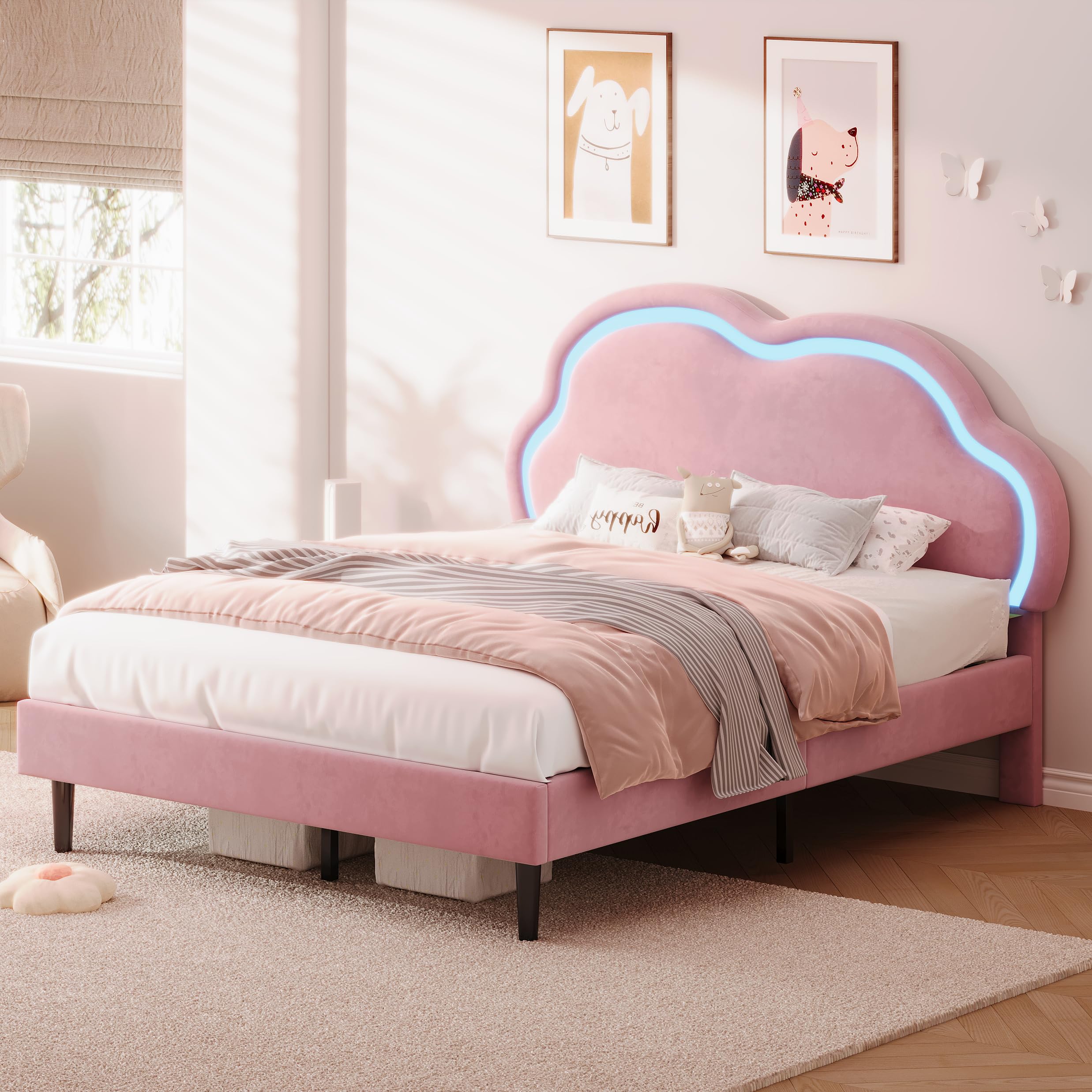 Ball & Cast 4FT6 LED Single Upholstered Bed 135x190cm for Kids Velvet Single Bed Frame Cloud Headboard Girls Bed with Adjustable Lighting, Sturdy Wood & Metal Slats – Pink (No Mattress) — image 1