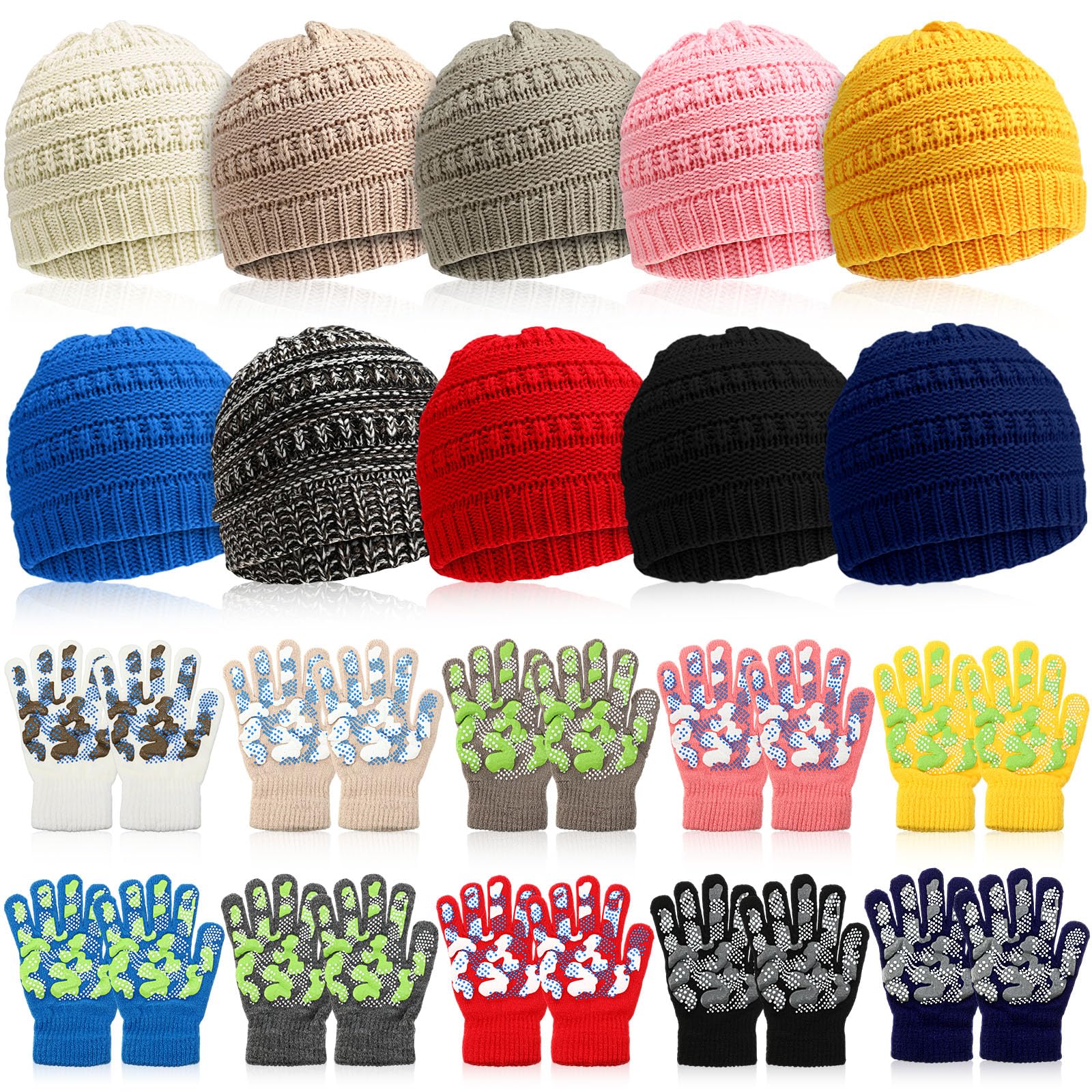 JaGely 20/12 Stück Kindermützen, Handschuhe für 5–12 Jahre, warme Winterhandschuhe, Beanie-Mütze, dehnbar, für Jungen und Mädchen, Geschenk für Zuhause